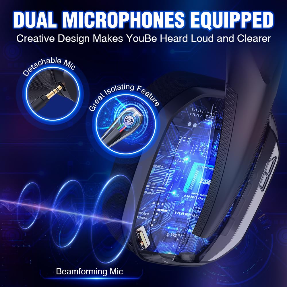 Wireless Gaming Headset for PC, PS5, PS4, Mac & Nintendo Switch - Bluetooth Over-Ear Headphones with Detachable Mic, Low Latency, 48H Battery, Noise Cancelling - Lightweight Comfort for Gaming, Streaming & Online Meetings (Black)