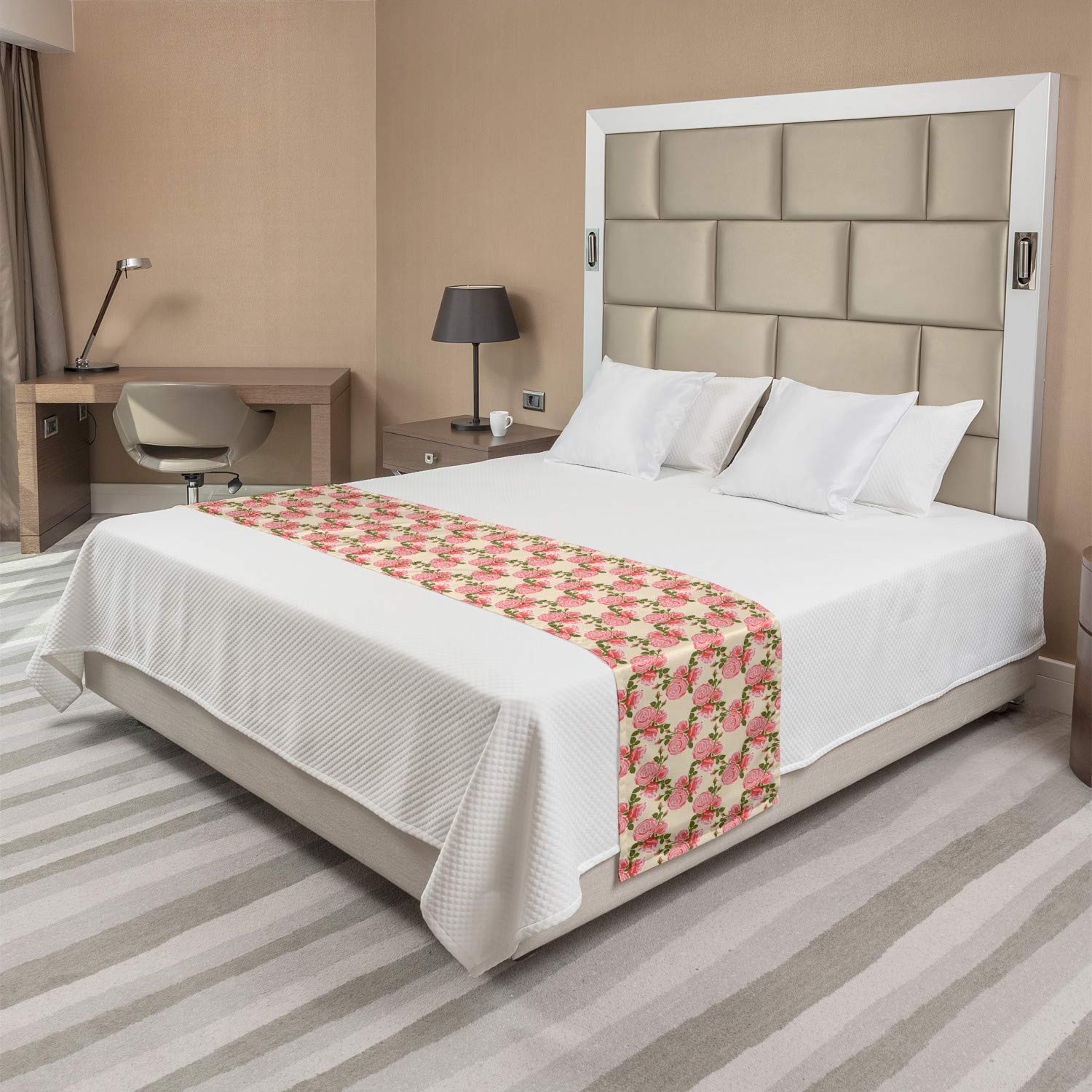 Ambesonne Floral Bed Runner - King Size Decorative Bed Scarf with Rose Flower Net Pattern in Champagne Burnt Sienna | Perfect for Hotel, Home & Guest Room Bedding Decor