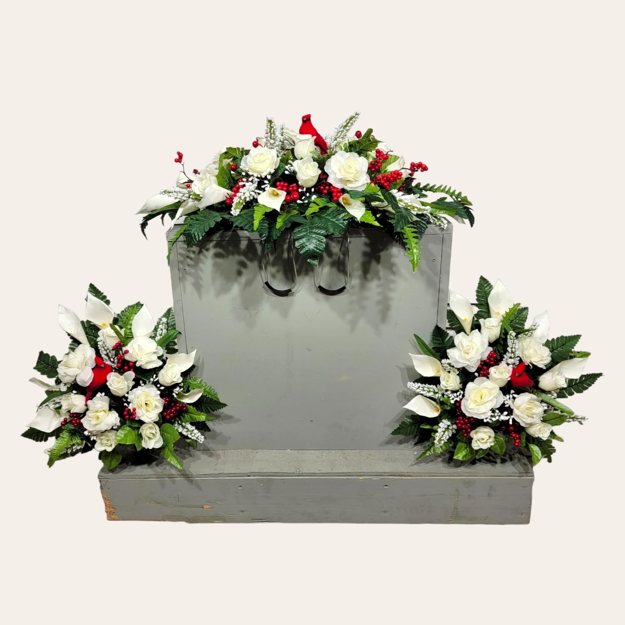 Realistic Artificial Cemetery Flowers - Silk Faux Floral Cream Rose & Calla Lily Bouquet with Red Bird & Berries - Grave Decor - Headstone Saddle Memorial Arrangement - Perfect for Graveside Tributes & Memorial Services