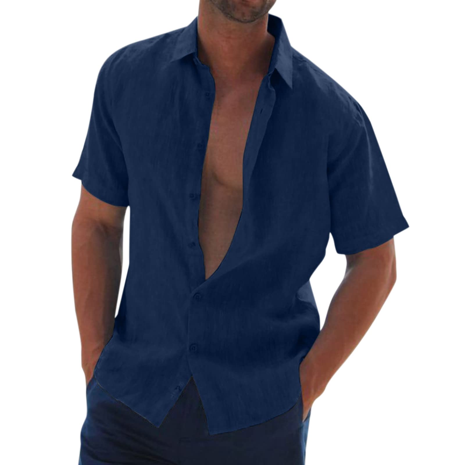Men's Short Sleeve Dress Shirts - Button Down Poplin Shirt, Stylish Solid Casual T-Shirt, Loose Fit Comfortable Tropical Beach Shirt for Summer Vacation, Holiday Party & Outdoor Activities