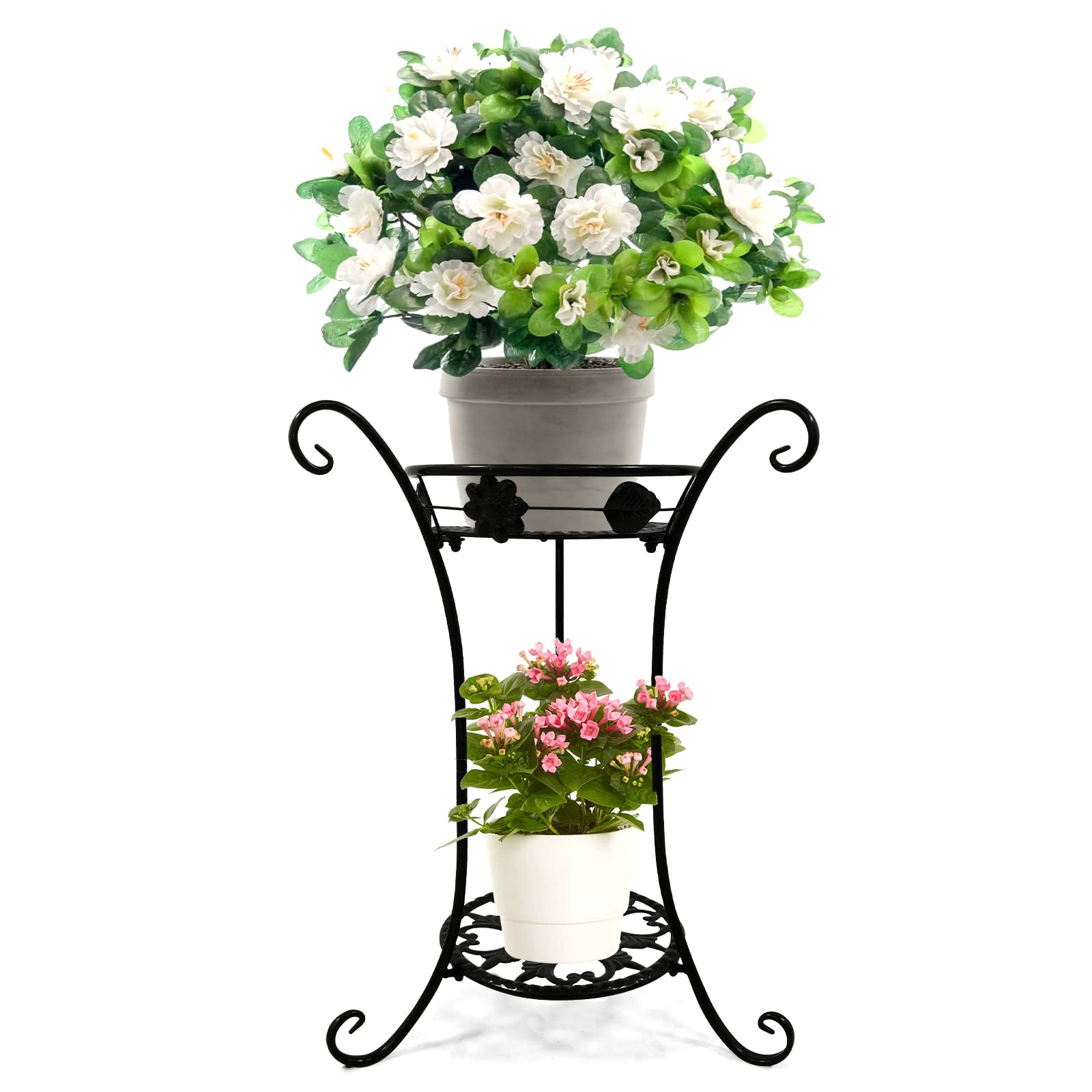 2-Tier Black Metal Plant Stand for Indoor & Outdoor Use - 25.6