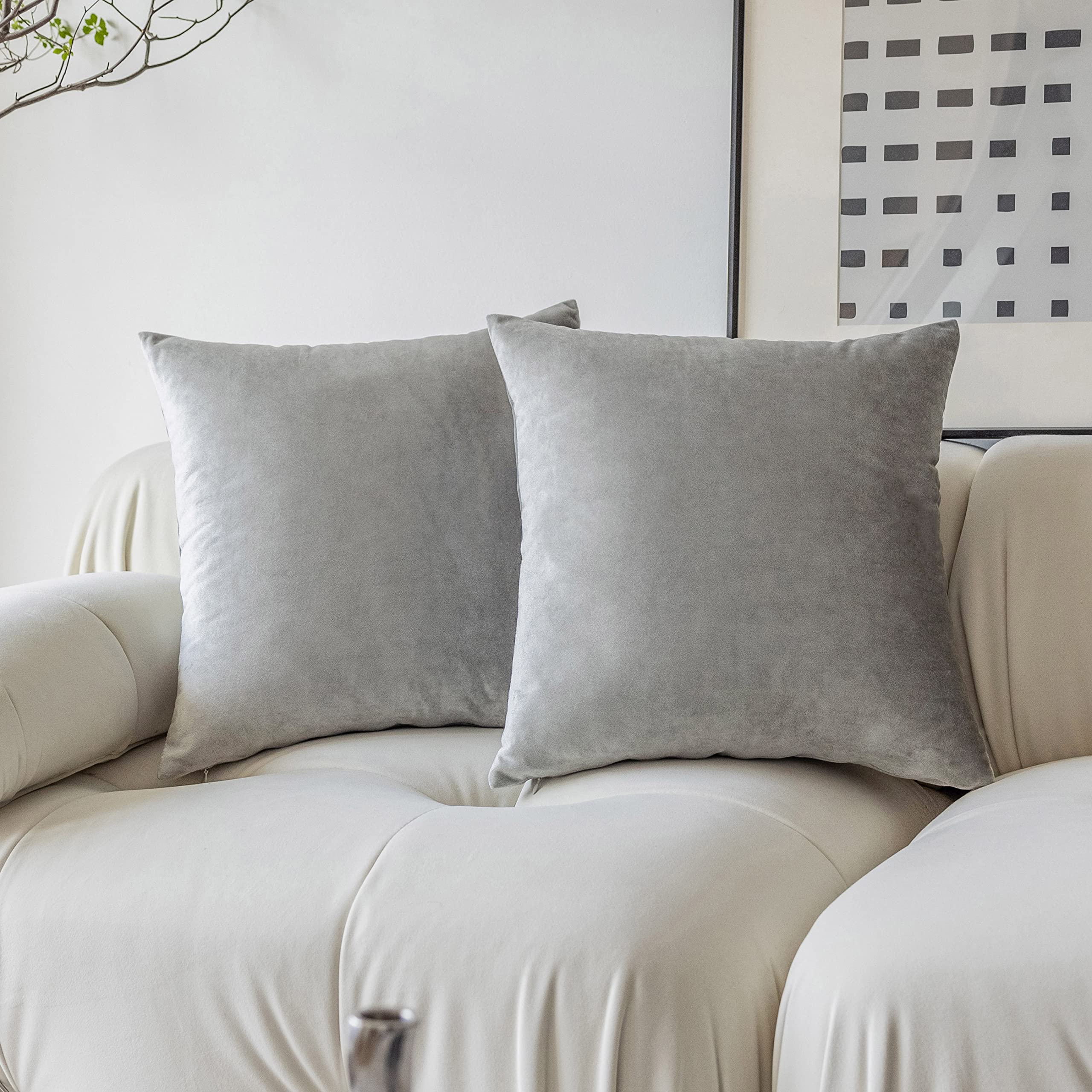 Demetex Grey Velvet Throw Pillow Covers 18x18 Inch - Super Soft Square Decorative Pillow Cases for Sofa, Bed, Bench - Set of 2 Plush Cushion Covers - Home Decor, Living Room, Patio & Balcony Use
