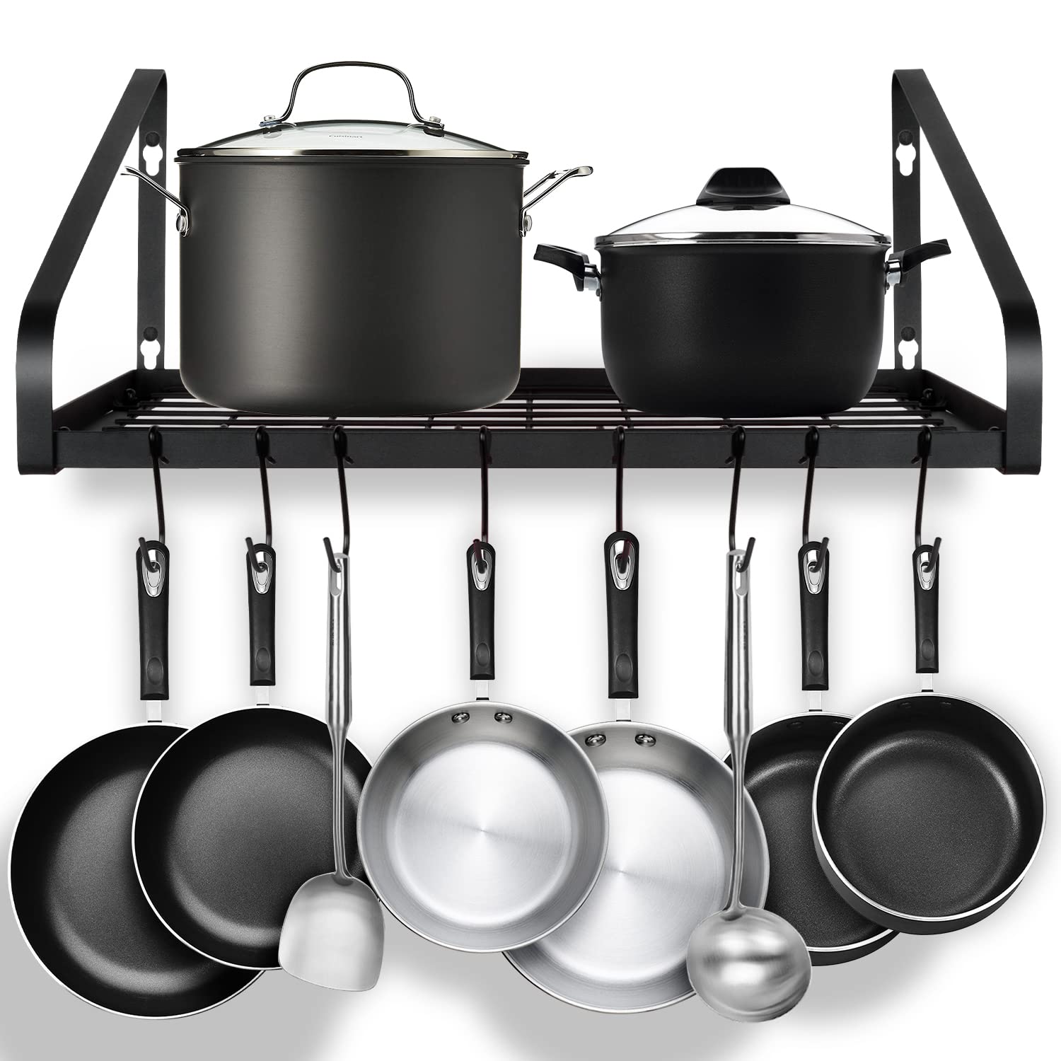 G-TING Wall Mounted Hanging Pot Rack - 8 Hook Kitchen Storage Shelf for Pans, Cookware & Utensils | Space Saving Organizer for Small Kitchens | Black (2 Installation Methods) - Perfect for Apartment, RV & Tiny Home Cooking Spaces