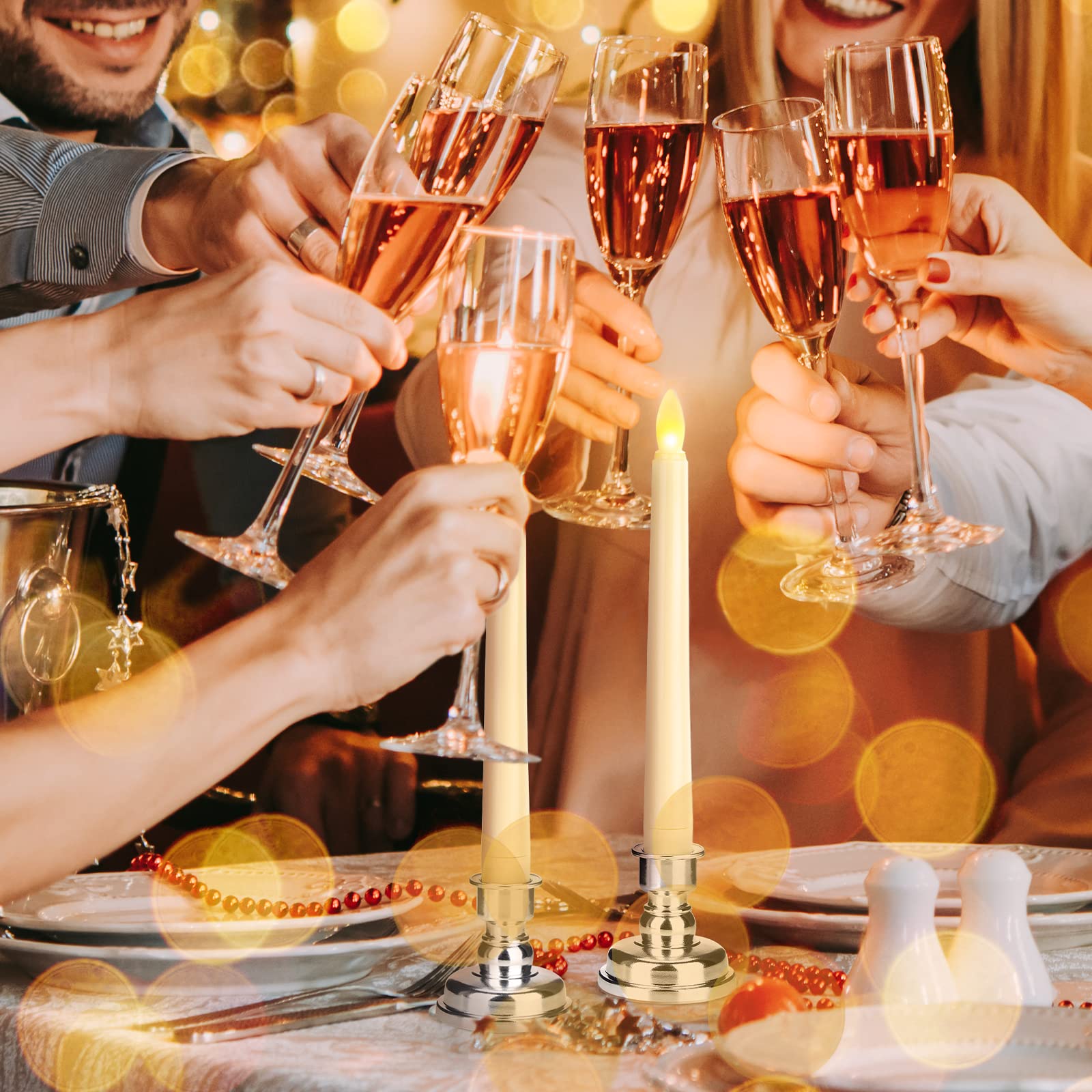 LED Flameless Taper Candles with Remote & Timer - Battery Operated Flickering Warm White Light - Christmas Wedding Party Holiday Decor - Window Table Centerpiece Decorations (9 Pack, Ivory + Silver Holder) - Perfect for Christmas Mantel, Dining Table, Wedding Centerpieces and Holiday Home Decor
