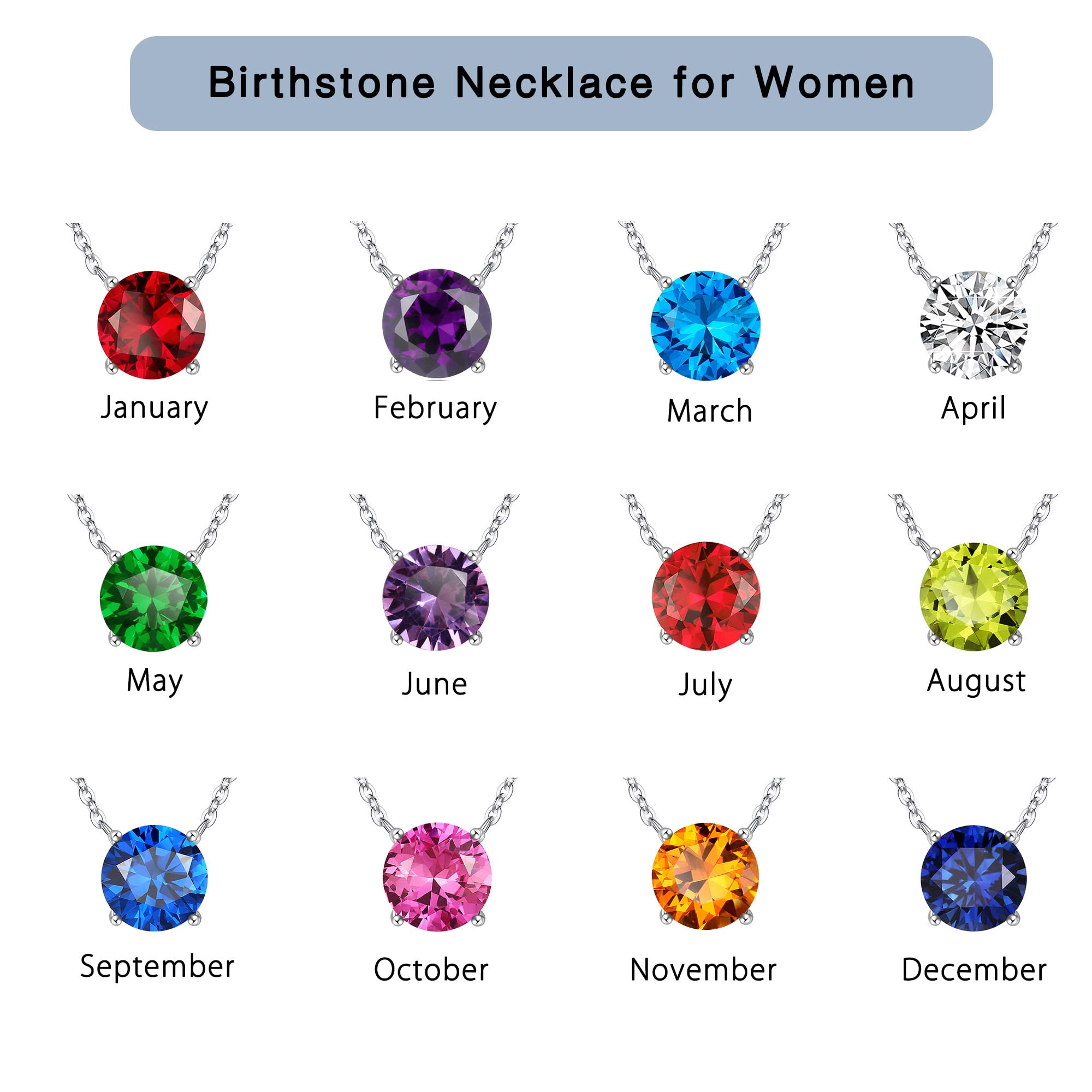 Ursilver Sterling Silver Birthstone Necklace for Women - 12 Months Round S925 Jewelry, Valentine's Day & Birthday Gift for Her | Perfect for Anniversaries, Mother's Day & Special Occasions