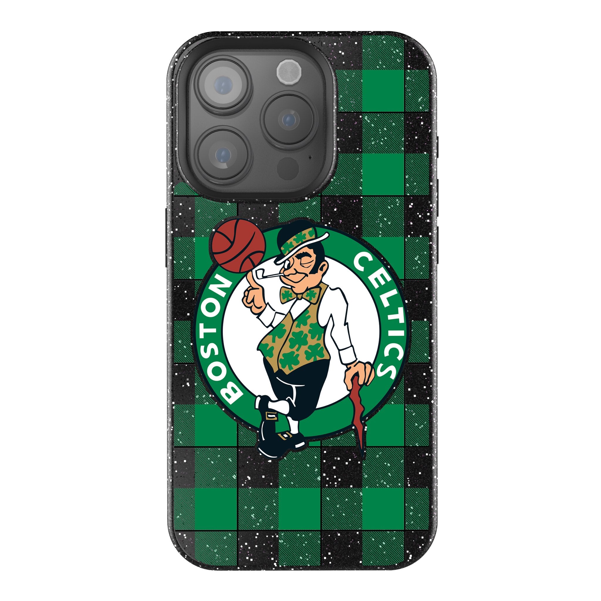 Boston Celtics Plaid Bling Phone Case for iPhone 15/14/13/12 Pro Max - Glitter Rhinestone Celtics Team Logo Design - Perfect for Basketball Games & Celtics Fans