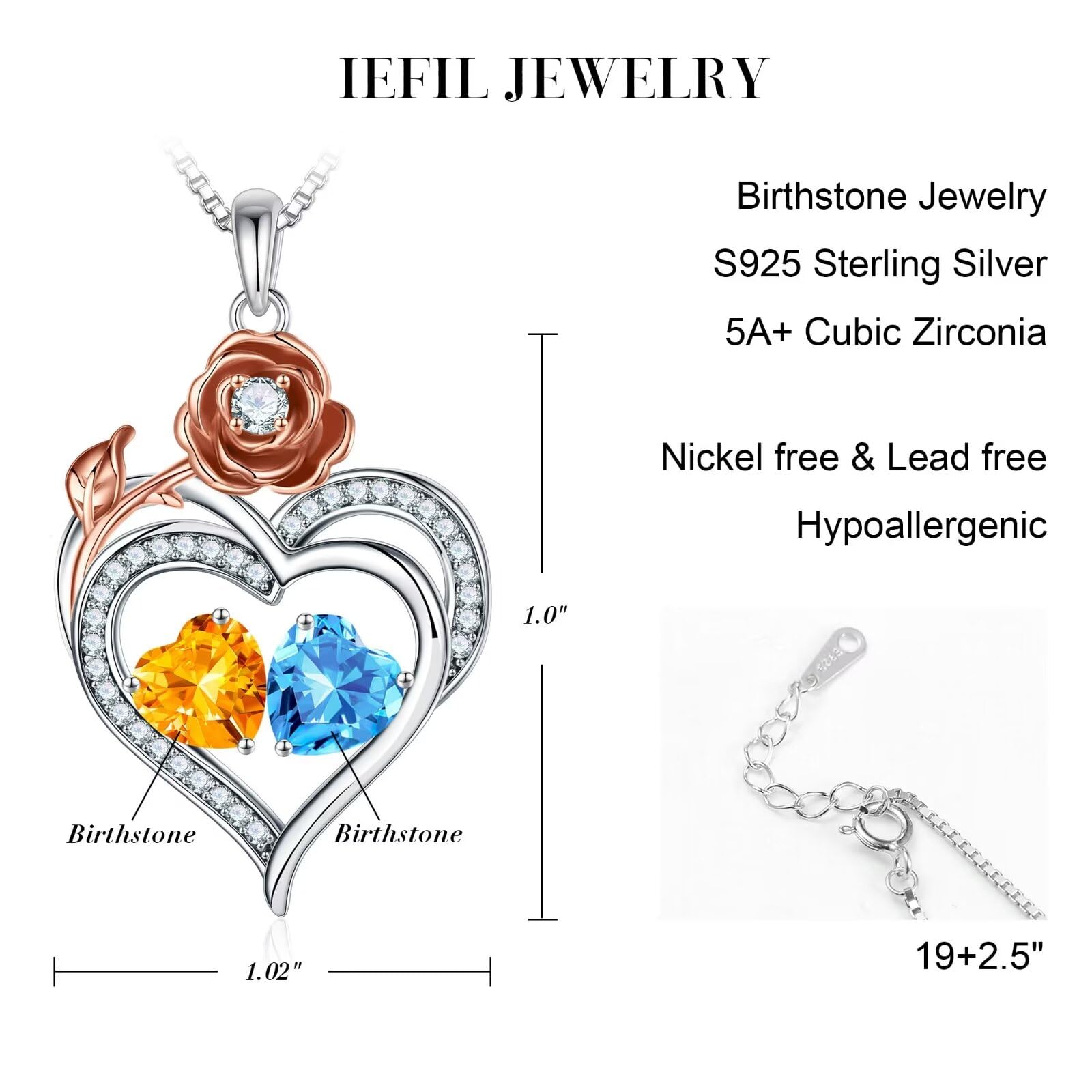 Rose Heart Birthstone Necklace for Women - Elegant Gemstone Jewelry Gift for Wife, Mom, Grandma | Valentine's Day, Mother's Day, Birthday Gift Idea | Perfect for Anniversaries, Weddings & Special Occasions