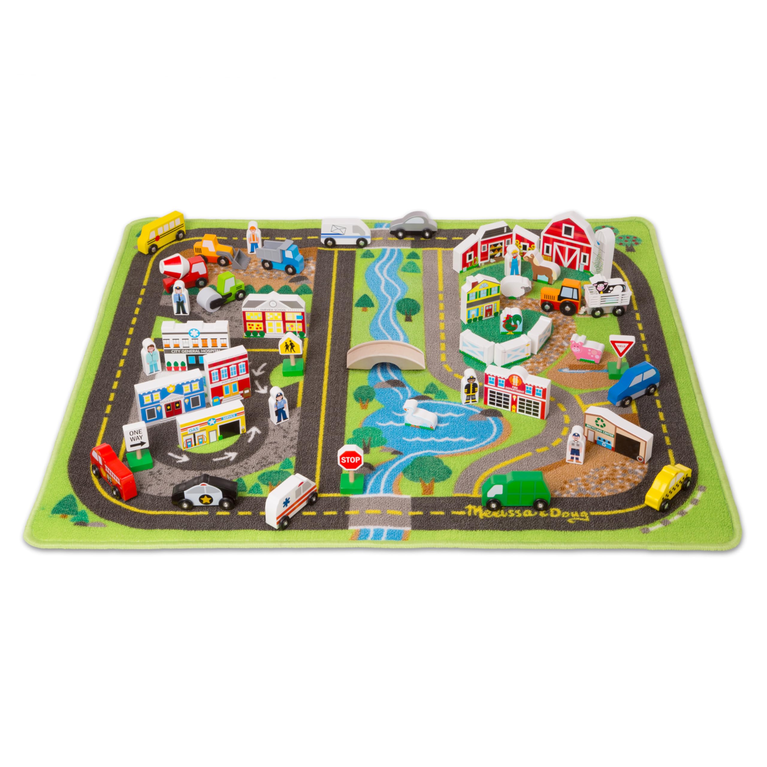Melissa & Doug Deluxe Activity Road Rug Play Set with 49 Wooden Vehicles & Play Pieces – Interactive Toy for Kids, Perfect for Pretend Play, Learning & Indoor Fun