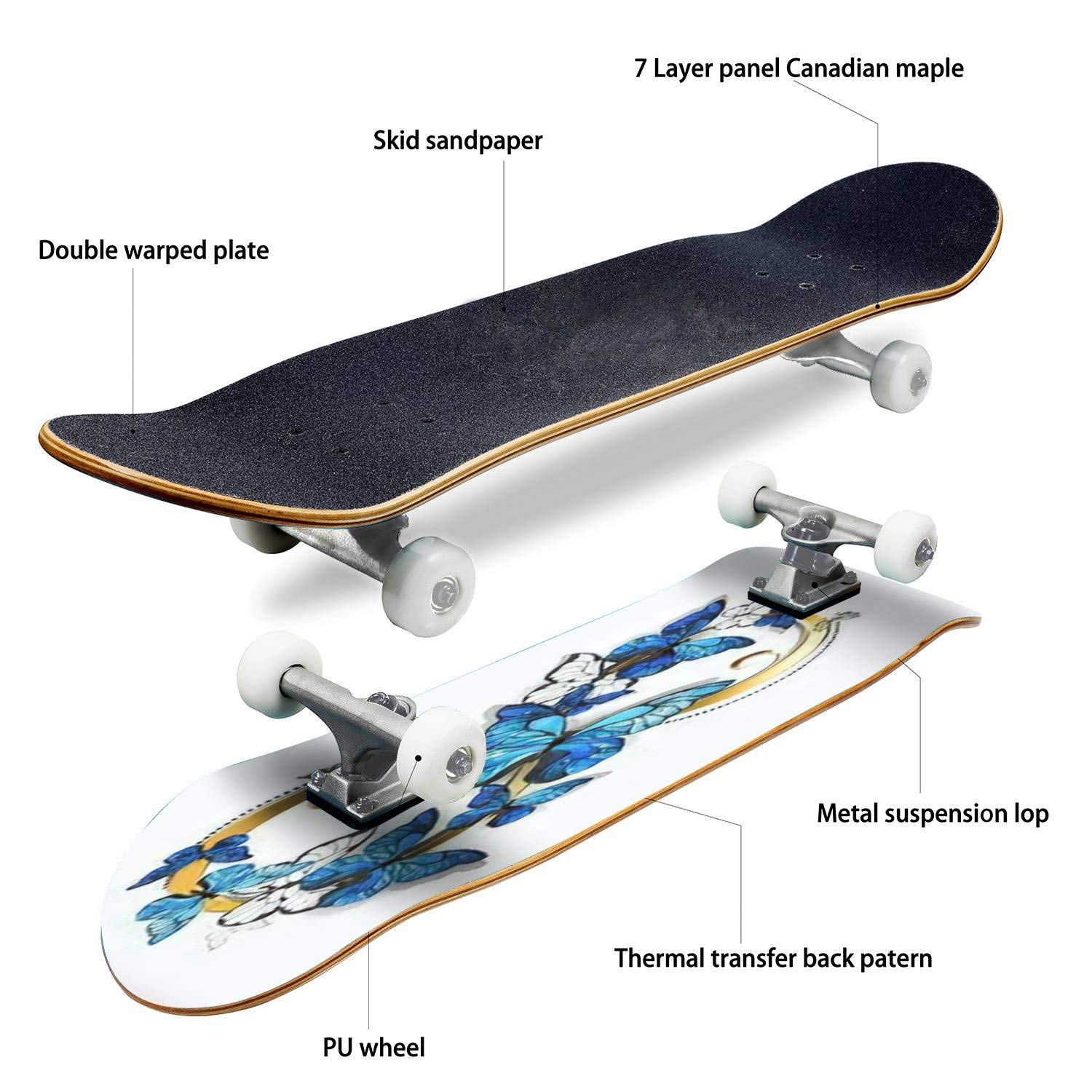 Gold Figure Eight Skateboard with Realistic Blue Morpho Butterflies - Classic Concave Design for Beginners & Professionals | Perfect for Teens, Extreme Sports, and Unique Gifts | Great for Street Skating, Commuting, and Skatepark Tricks