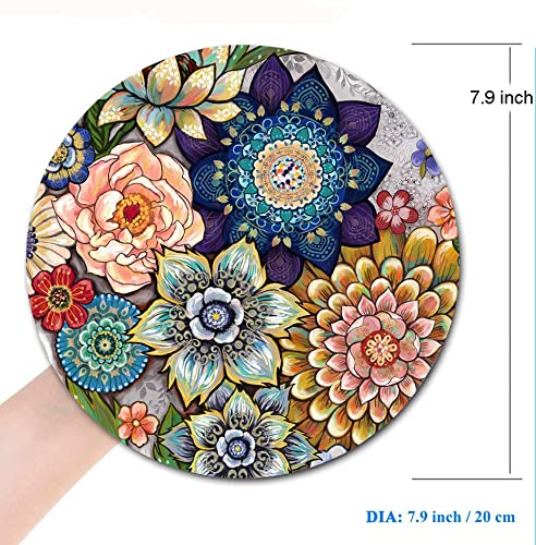 Boho Floral Round Mouse Pad - Non-Slip Rubber Base, Washable Lycra Cloth Computer Mouse Mat for Wireless Mouse - Perfect for Office, Gaming & Home Workspace Decor