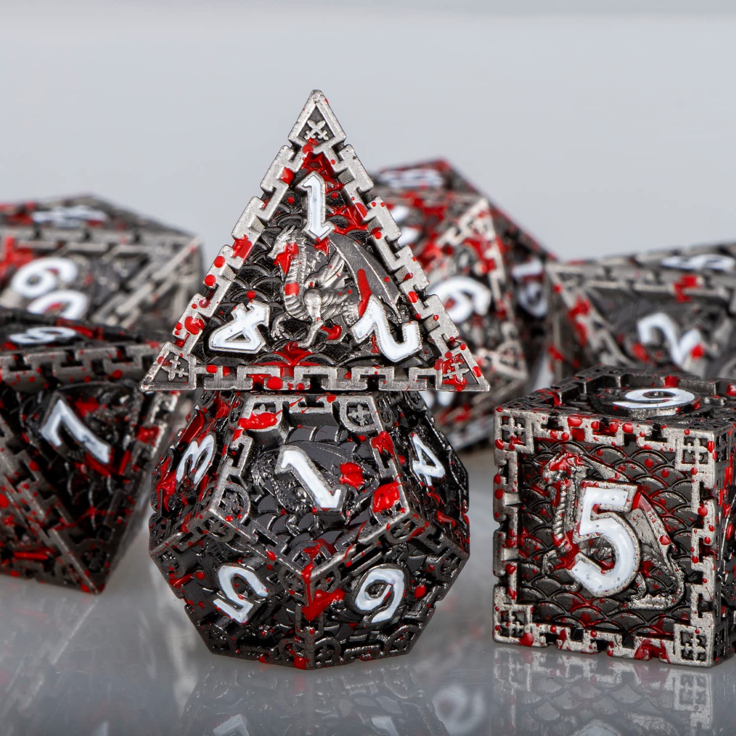 Premium Handmade Metal D&D Dice Set - Dragon Design Blood Red Polyhedral Dice (D20, D12, D10, D8, D6, D4) with Gift Box for Dungeons & Dragons RPG, Tabletop Gaming & Collectors