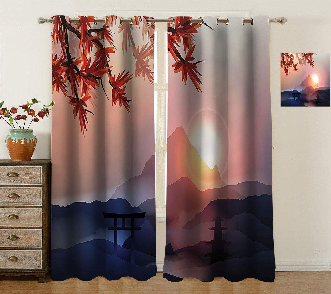 Thermal Insulated Blackout Curtains with Majestic Himalayas Peaks & Sun Life Circle Art Print - 2 Panels for Bedroom & Living Room | Perfect for Light Blocking, Energy Saving & Home Decor