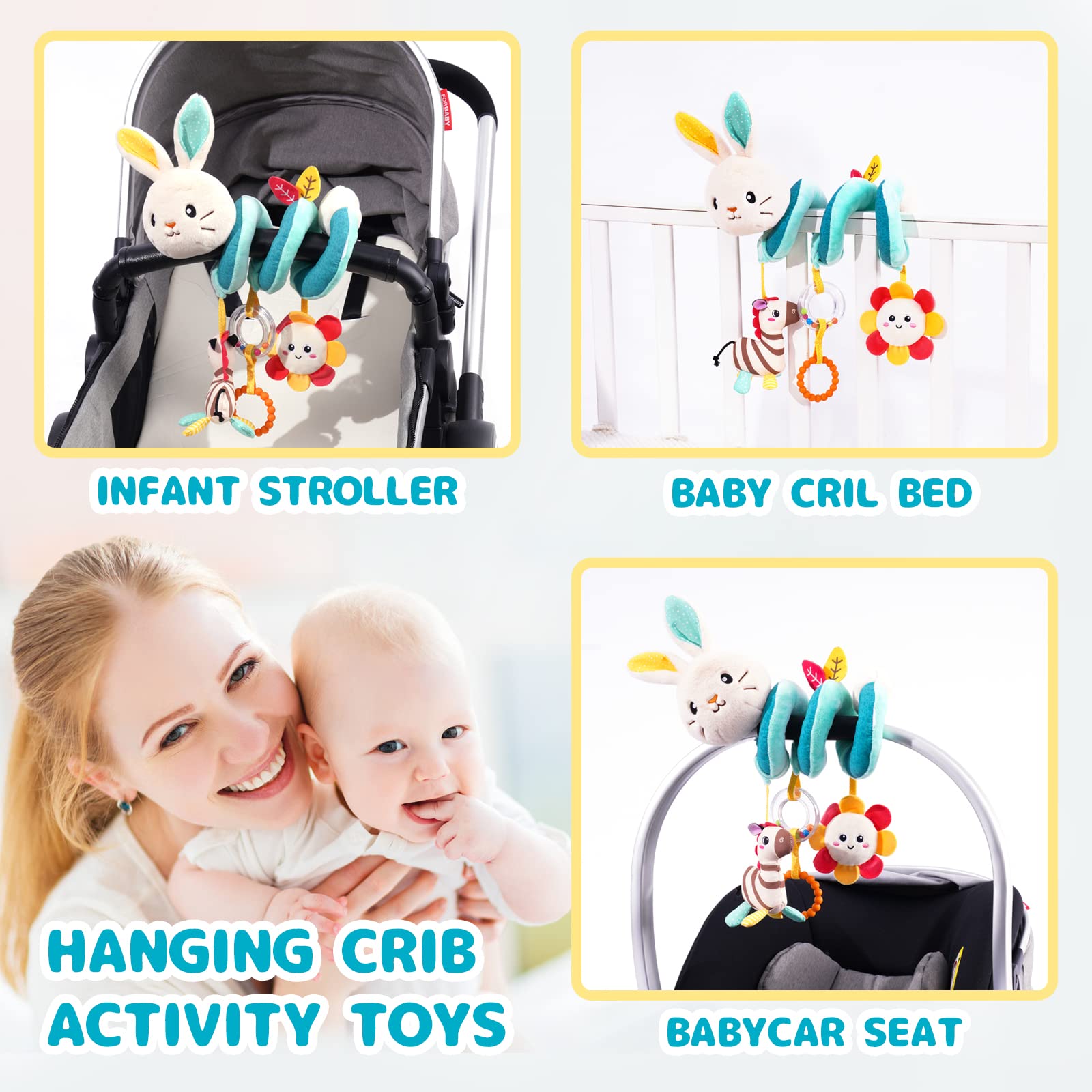 Koty Rabbit Hanging Rattle Toys for Babies 0-6 Months - Soft Spiral Plush Toy for Car Seat, Stroller & Crib - Perfect Newborn Sensory & Teething Gift for Infant Development