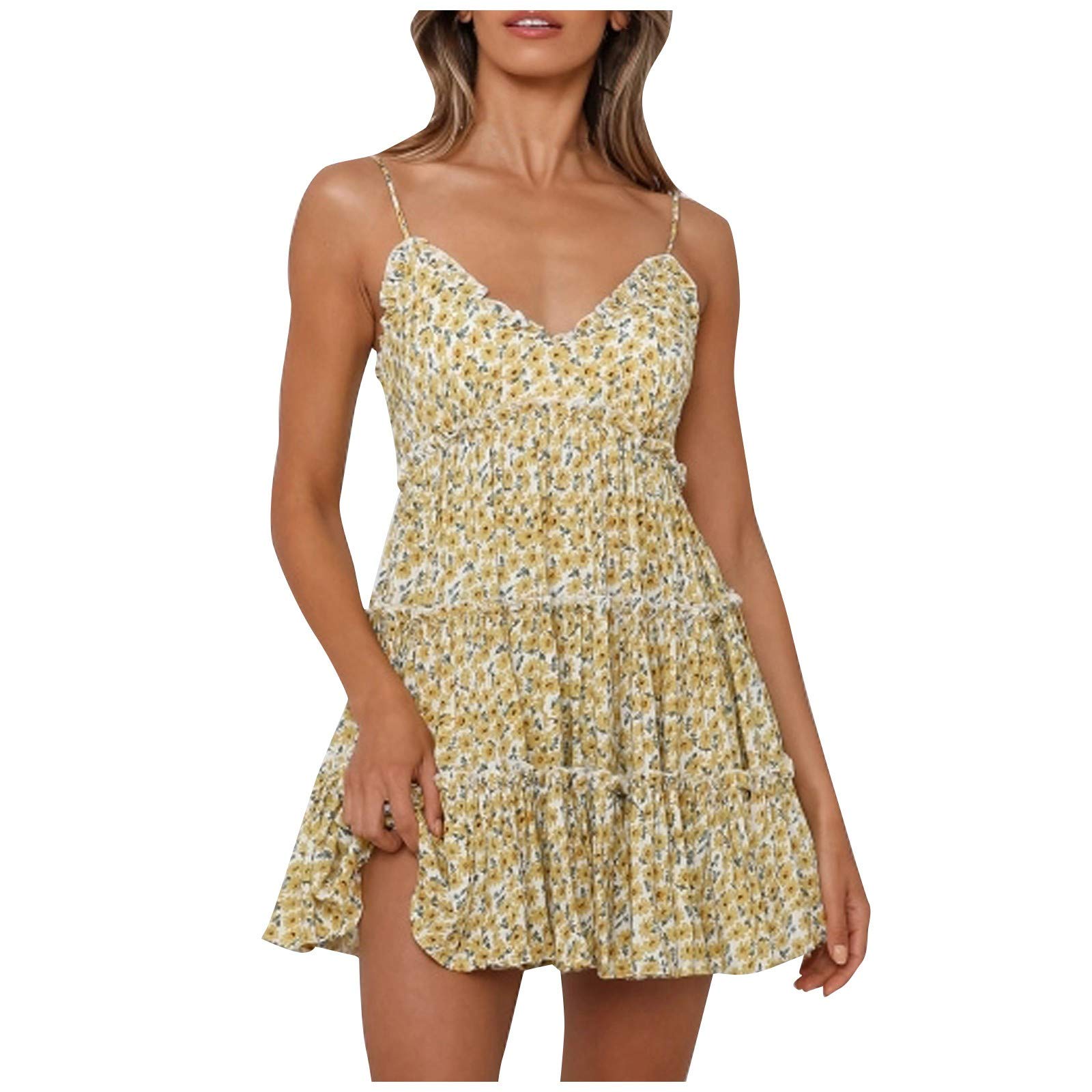 Women's Floral Print High Waist V-Neck Camisole Dress - Comfortable Stretchy Summer Casual Sundress for Beach, Vacation & Everyday Wear