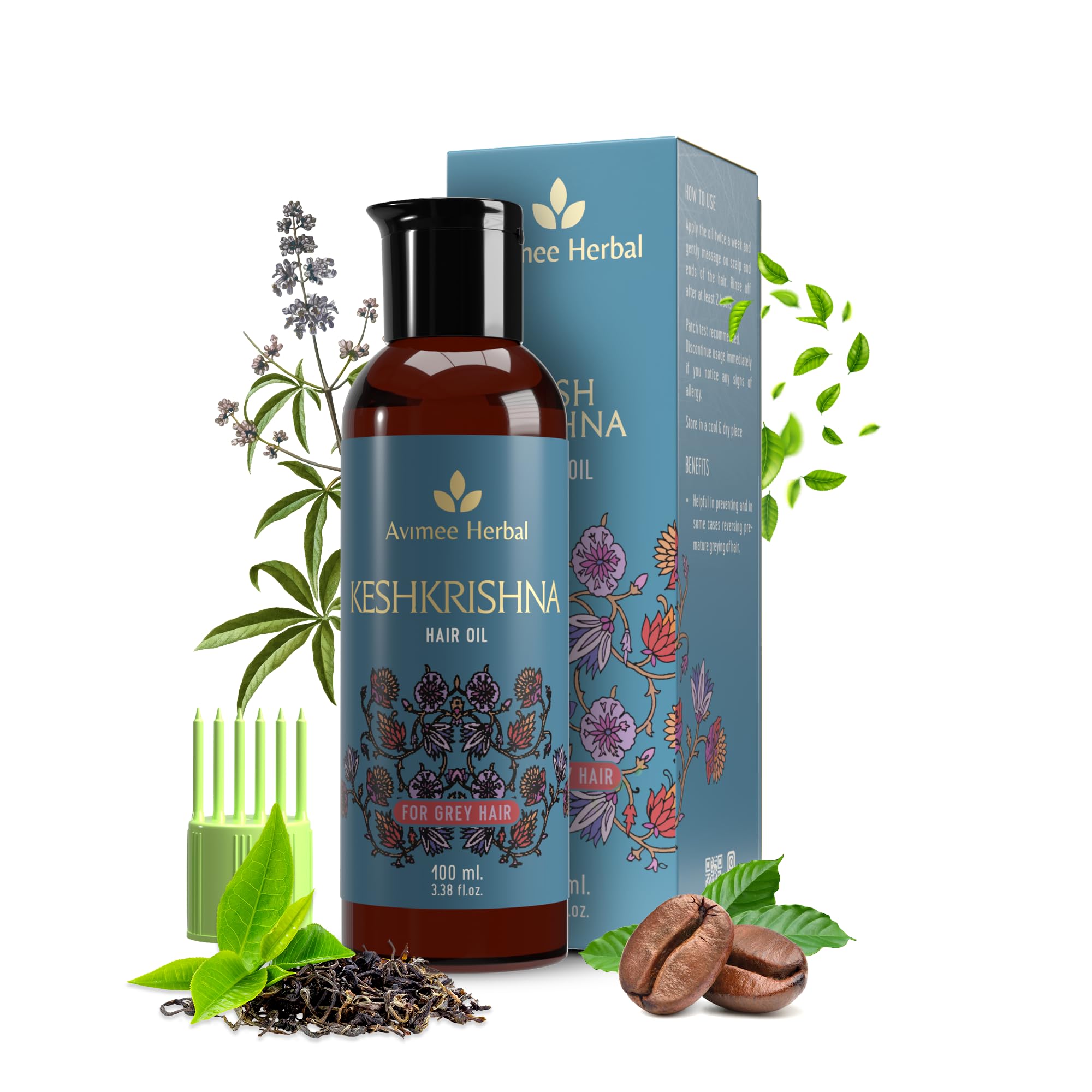 Avimee Herbal Keshkrishna Hair Oil with Indigo, Amla, Curry Leaf & Henna | 100% Natural & Mineral Oil Free | 100ml | Promotes Hair Growth & Prevents Gray Hair | Perfect for Daily Hair Care & Scalp Massage
