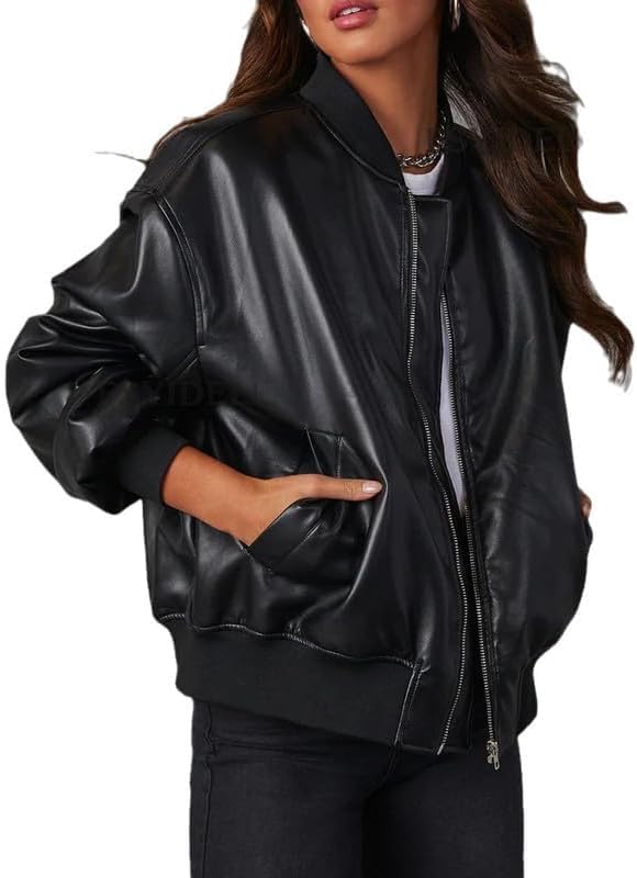 **Women's Oversized Lambskin Leather Jacket – Genuine Cafe Racer Varsity Style Biker Jacket – Perfect for Motorcycle Riding, Casual Outfits & Streetwear Fashion**