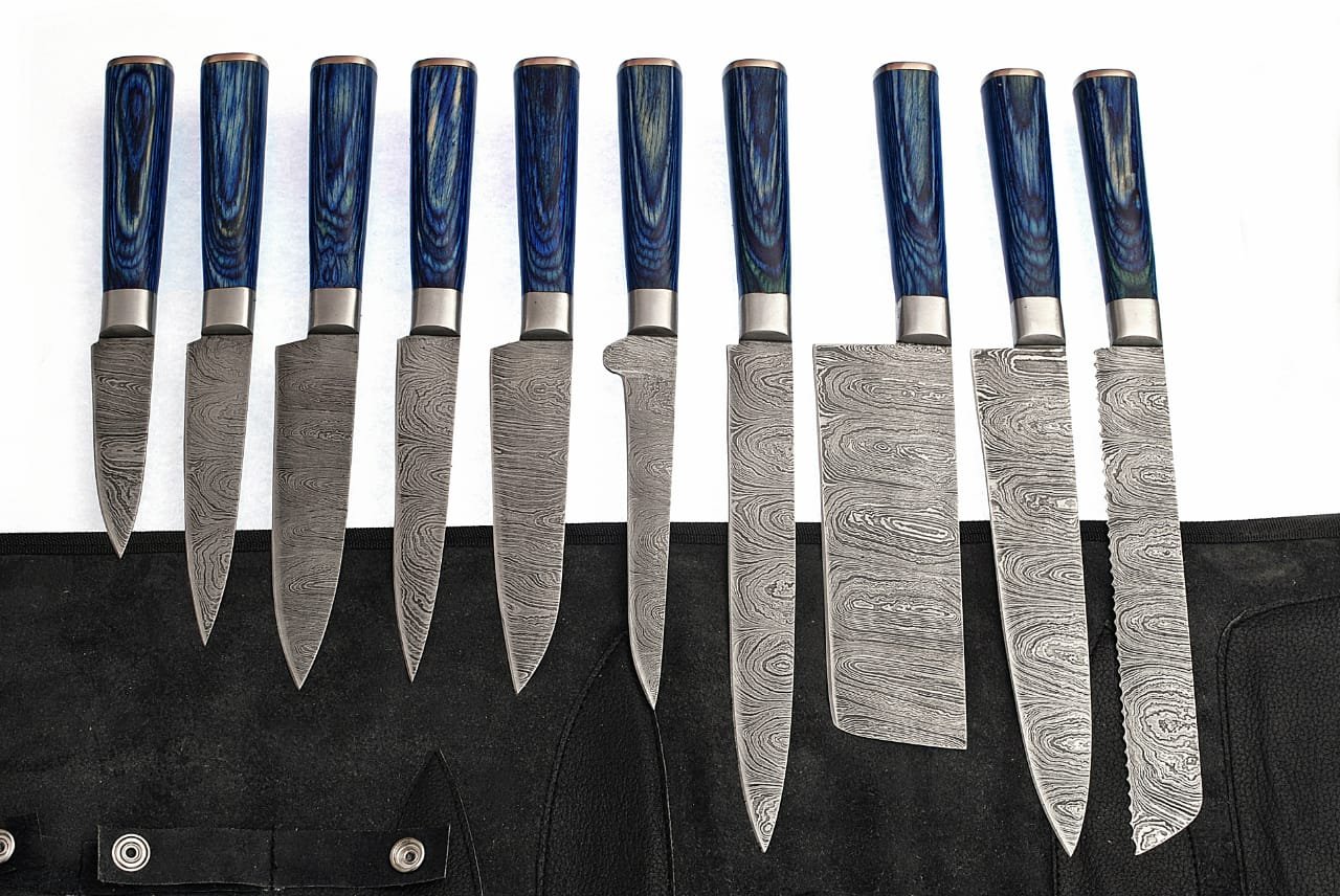 Premium Damascus Steel 10-Piece Professional Chef Knife Set - G25 Custom Kitchen Knives with Blue Wood Handle & Roll Bag - Perfect for Home Cooking, Restaurant Use, and Culinary Gifts