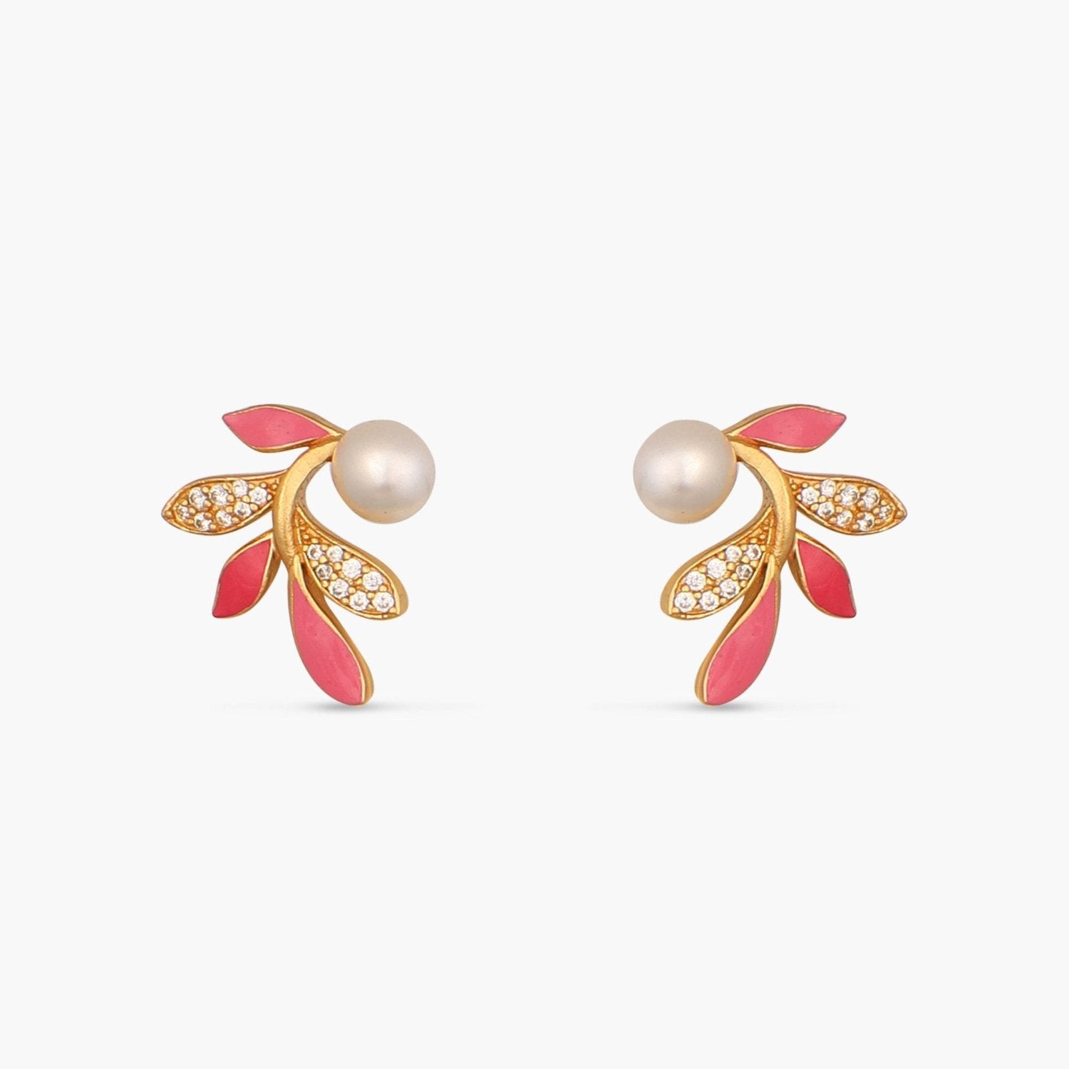 Eriha Pearl Delicate Pink Leaf Stud Earrings - Dainty Floral Pearl Jewelry for Women, Gift for Her, Valentine's Day, Anniversary, Wedding, Party & Everyday Wear