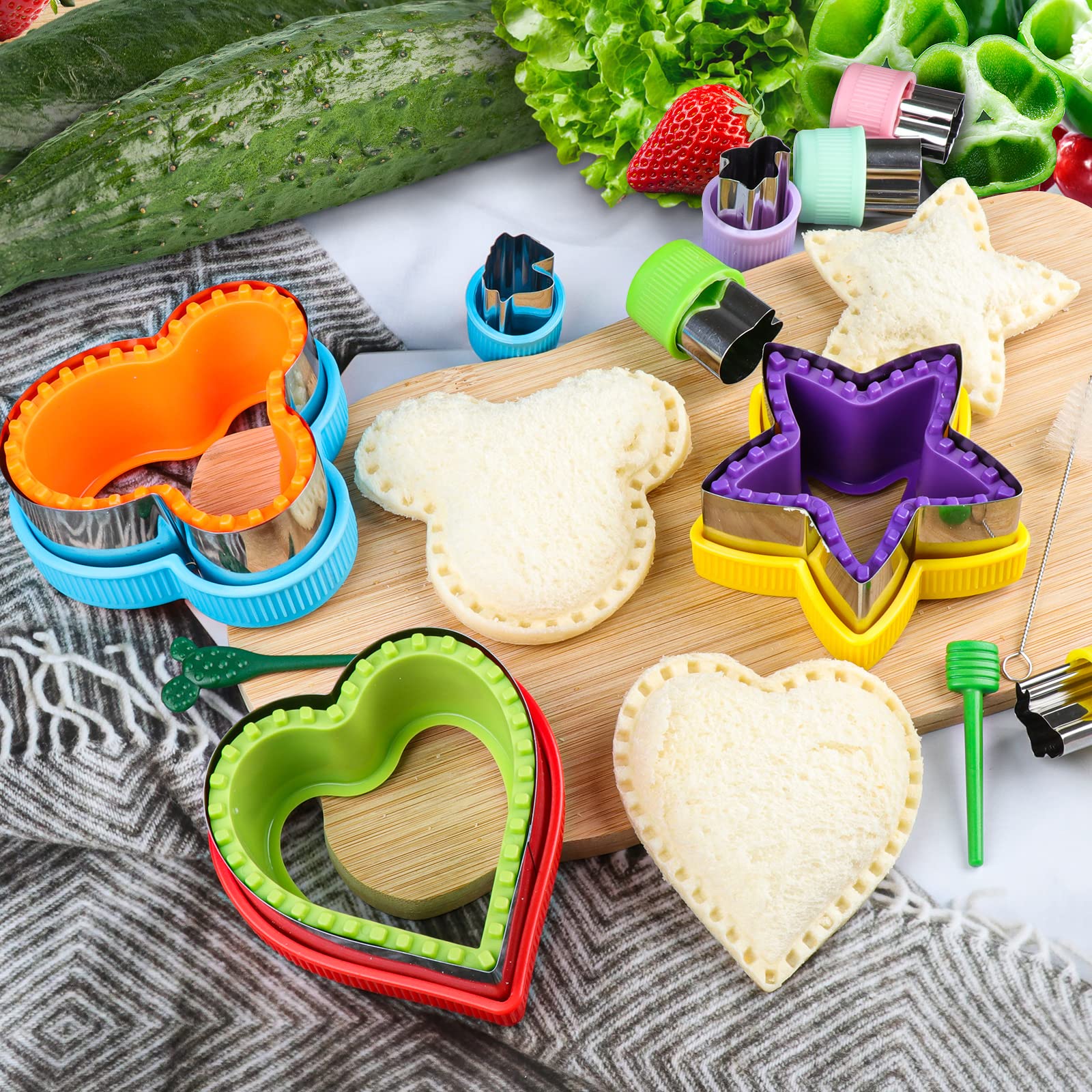 12Pcs Kids Sandwich Cutter & Sealer Set - Fun Vegetable & Fruit Shaped Cookie Cutters for Uncrustables, Bento Box Lunch Making - Perfect for School Lunches, Picnics & Party Snacks