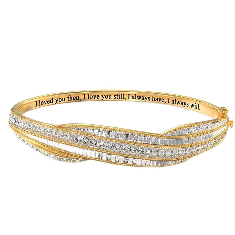 Danbury Mint Diamond Forever Sentiment Bangle - 20 Genuine Handset Diamonds Gold Tone Bracelet for Women | Romantic Jewelry Gift with 