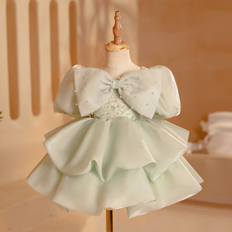 Elegant Green Puff Sleeve Baby Girl Pageant Dress - Toddler Princess Birthday Party Costume for Special Occasions & Photo Shoots