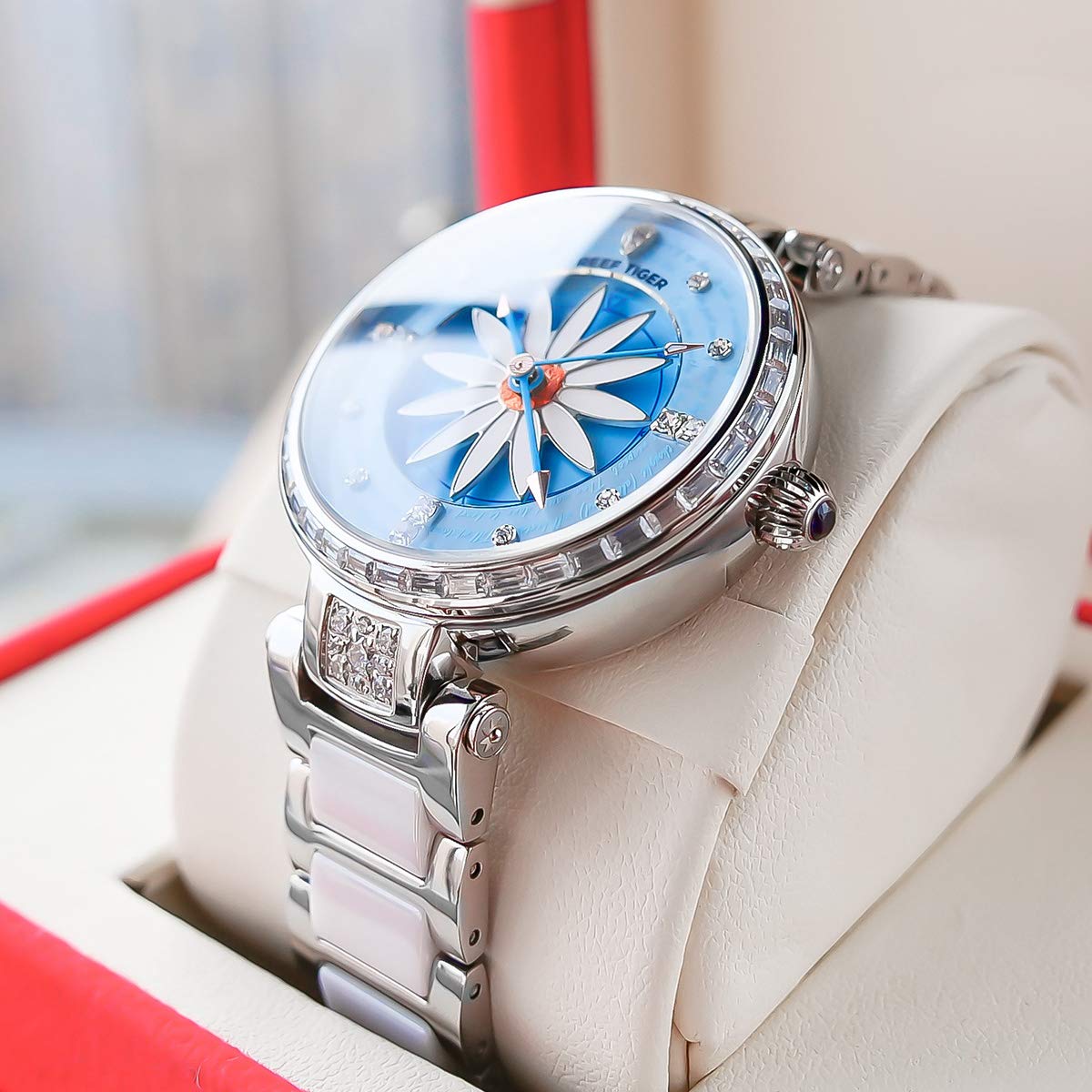 REEF TIGER RGA1599 Women's Luxury Automatic Watch with Diamond Bezel - Elegant Lily Design for Business, Party & Everyday Wear