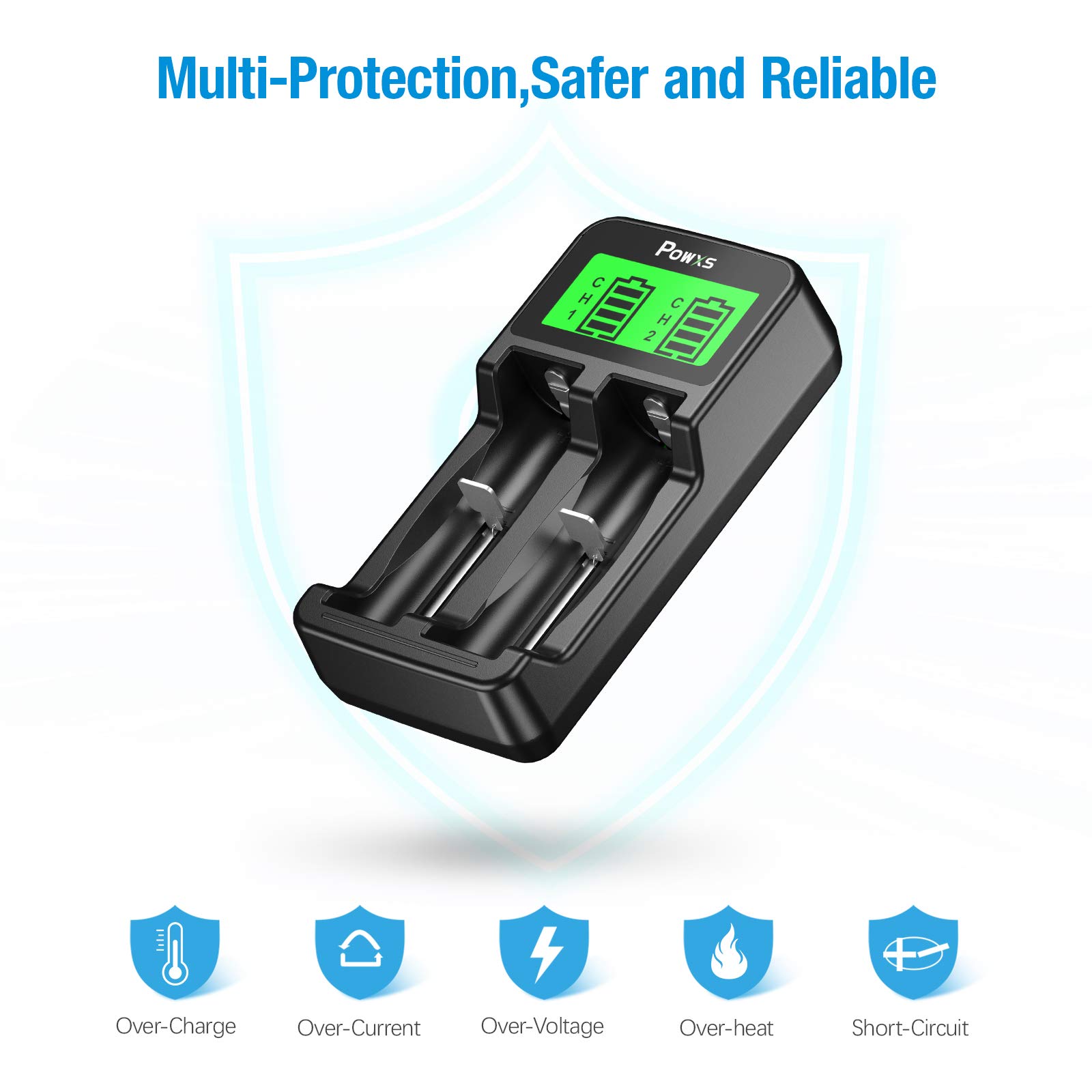 POWXS 2 Bay LCD 18650 Battery Charger for 18650 18490 18350 17670 17500 16340(RCR123) 14500 & AA AAA Rechargeable Batteries - Fast Charging with Independent Slots, Ideal for Flashlights, Vapes, and Electronic Devices