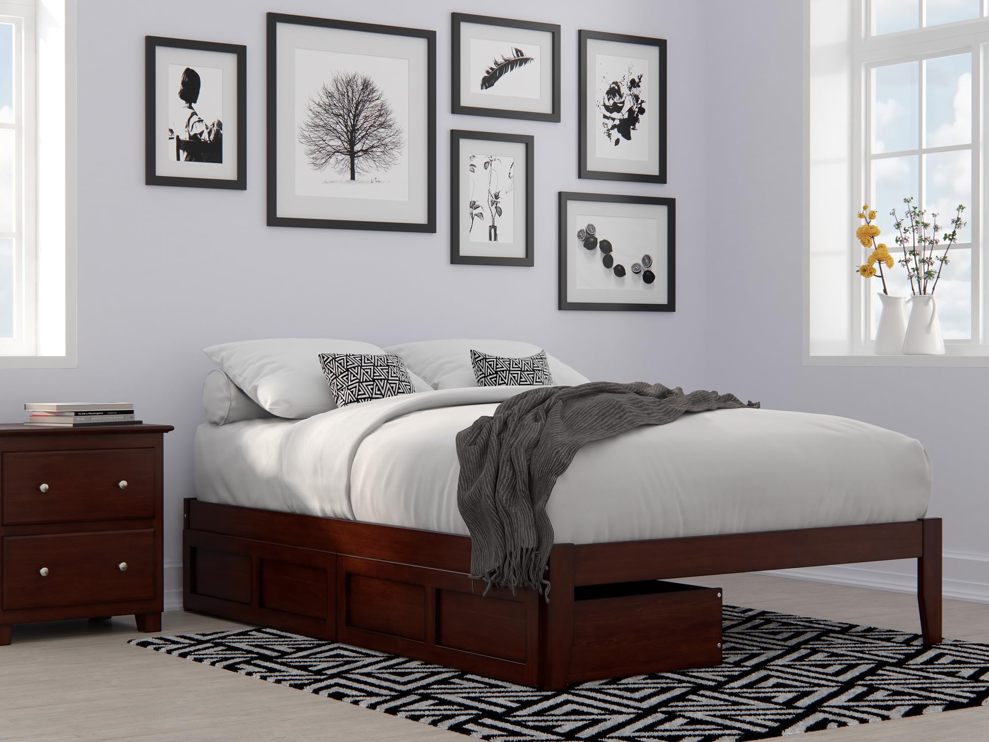 AFI Colorado Full Size Platform Bed Frame with 2 Storage Drawers & USB Charging Ports - Solid Walnut Wood - Space Saving Bedroom Furniture for Small Apartments & Modern Homes