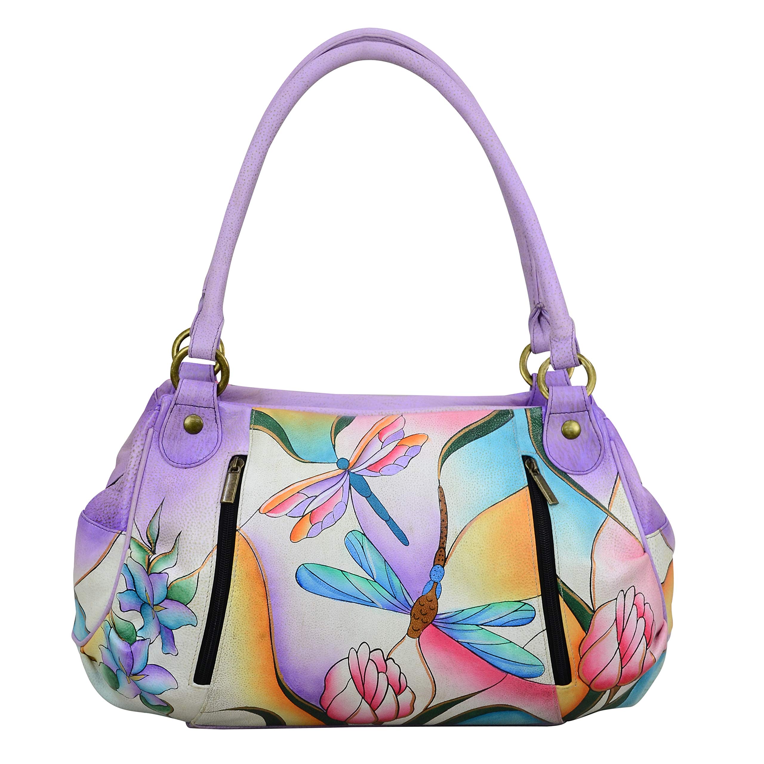 Anna by Anuschka Women's Genuine Leather Satchel Handbag with Ruched Design & Dragonfly Glass Painting - Perfect for Work, Travel and Everyday Use (One Size US)