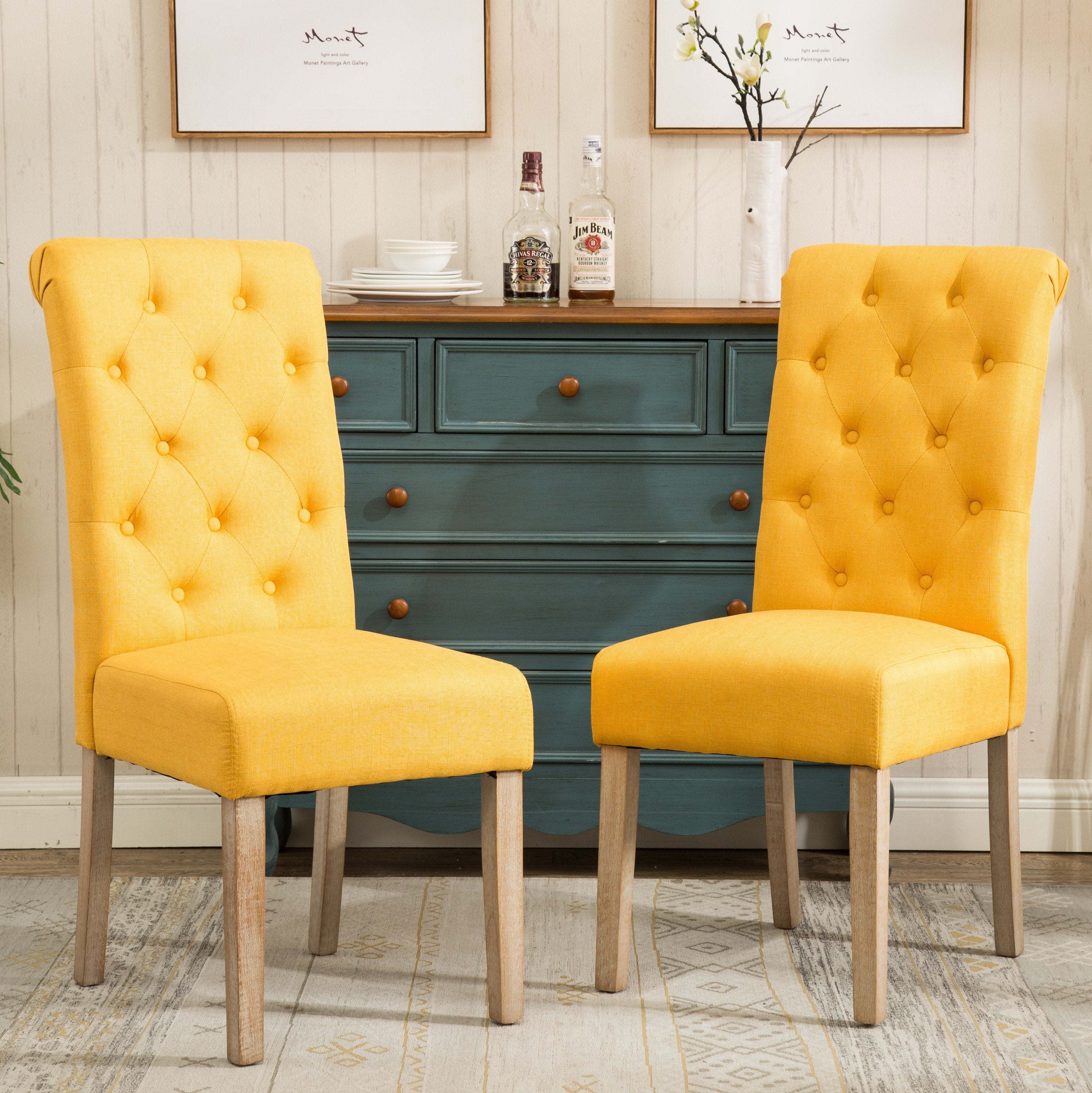 Roundhill Furniture Solid Wood Tufted Parsons Dining Chairs - Set of 2, Yellow - Modern Farmhouse Kitchen Chairs for Dining Room & Breakfast Nook