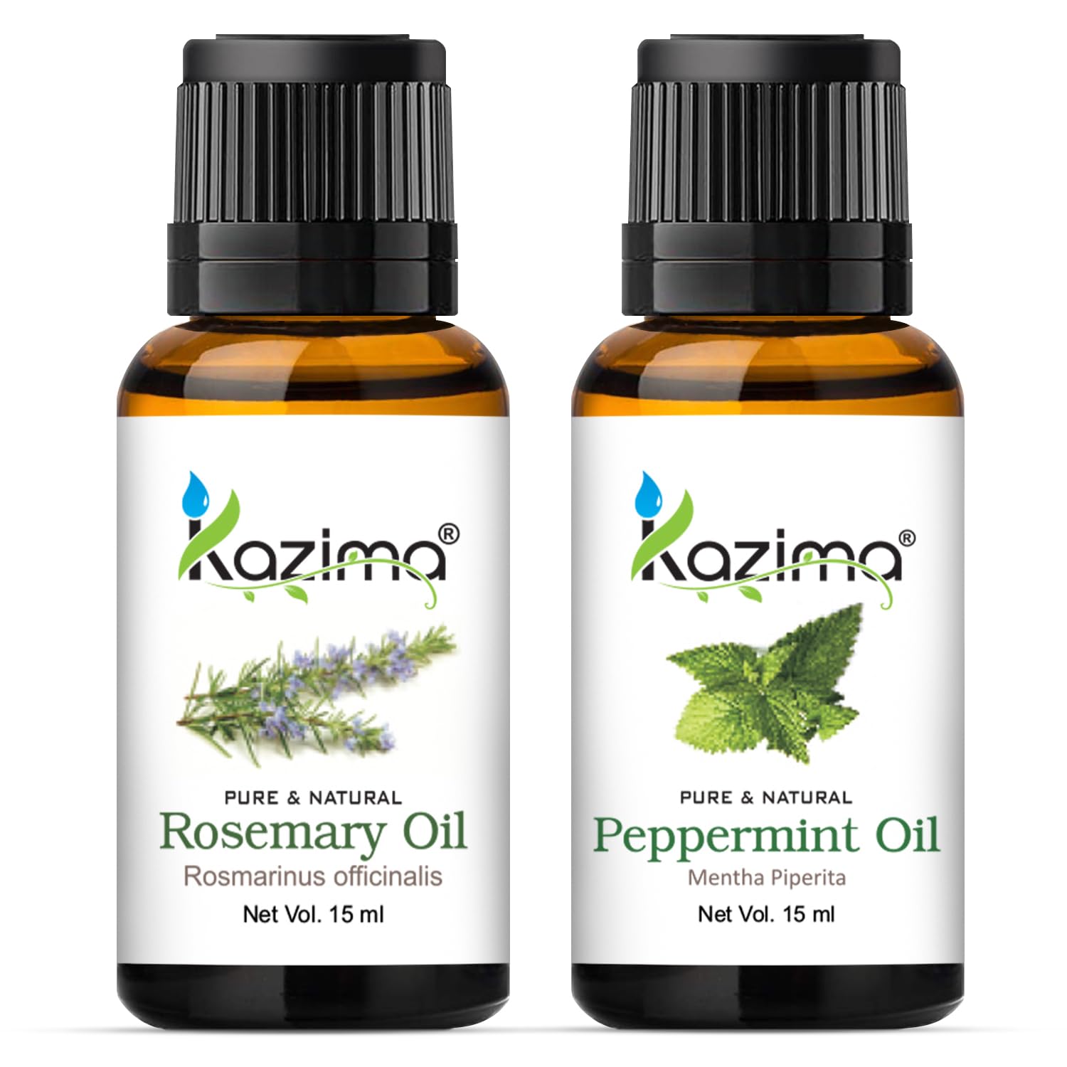 KAZIMA 100% Pure Rosemary Oil & Peppermint Oil Combo (15ml Each) - Essential Oils for Hair Growth, Skin Care, Aromatherapy, Muscle & Joint Pain Relief - Perfect for Diffusers, Massage & DIY Beauty Products