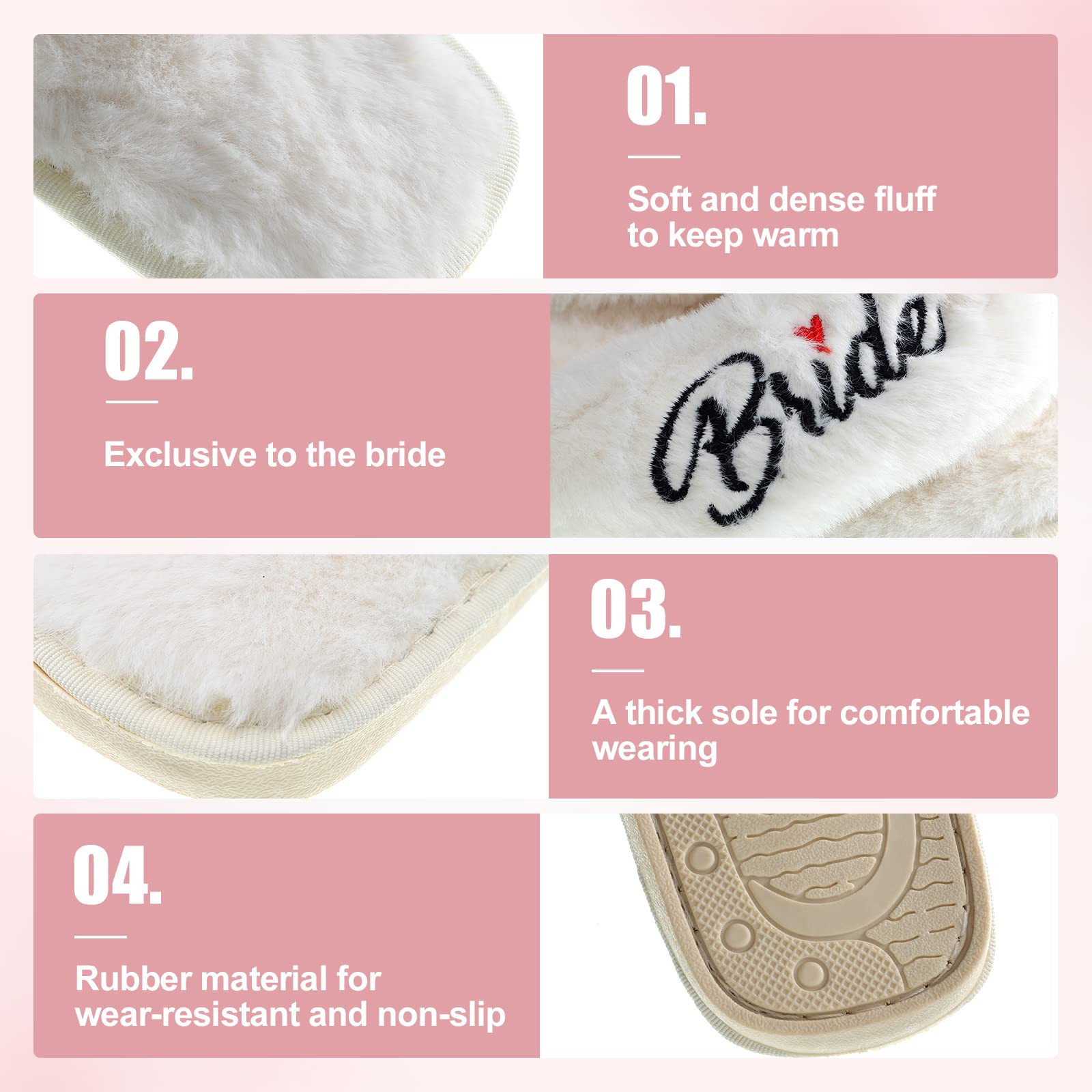 SATINIOR White Fuzzy Bridal Slippers for Wedding Day - Comfortable Bride Slippers for Women, Bridal Party & Wedding Shower (Size 7-8) | Perfect for Getting Ready, Reception & Honeymoon