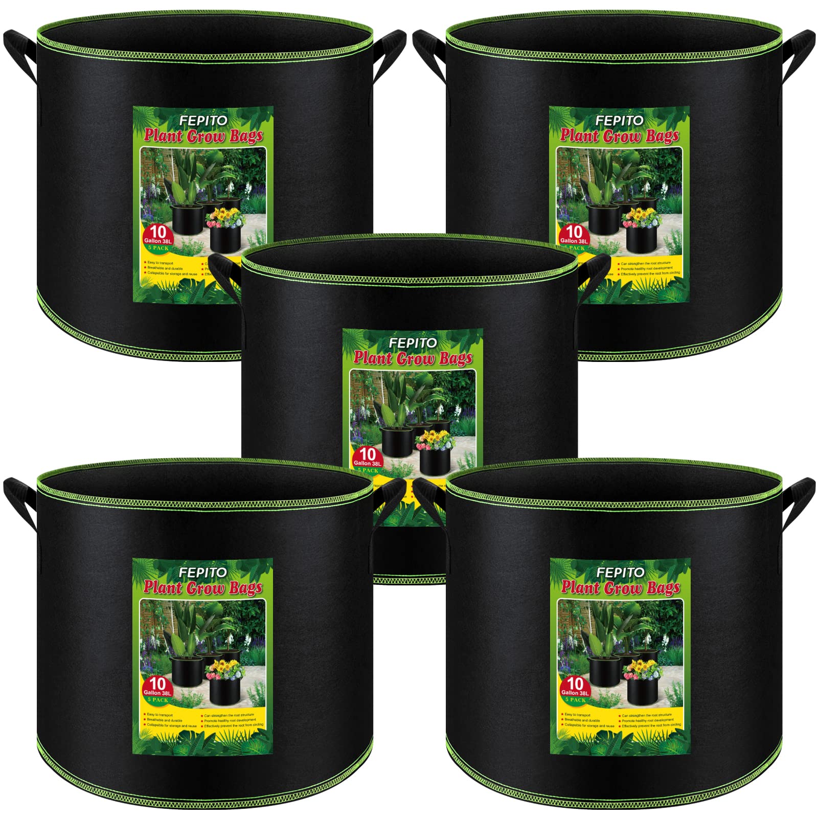 FEPITO 5 Pack 10 Gallon Heavy Duty Aeration Fabric Grow Bags with Handles - Thickened Nonwoven Plant Pots for Vegetables, Fruits, Flowers - Ideal for Indoor/Outdoor Gardening, Balcony Planting & Urban Farming