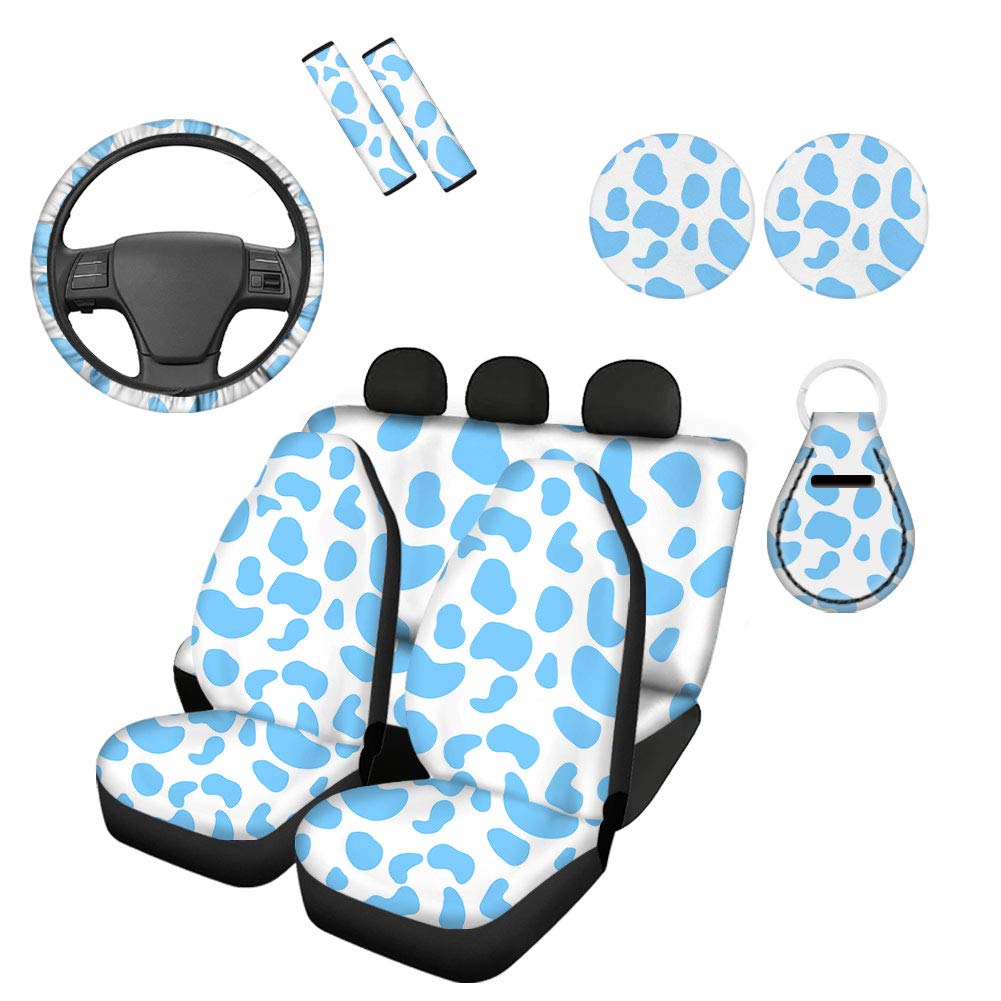 Freewander Blue Cow 9-Piece Car Accessories Set - Seat Covers, Steering Wheel Cover, Seat Belt Covers, Interior Coasters & Cute Keychain - Perfect Gift for Women & Men - Ideal for Road Trips, Commuting & Car Decor