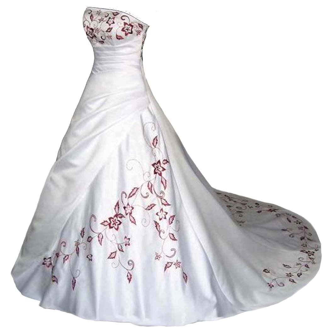 Faironly White Satin Red Embroidery Strapless Wedding Dress Bridal Gown - Elegant A-Line Bridal Gown for Church, Beach, and Outdoor Weddings
