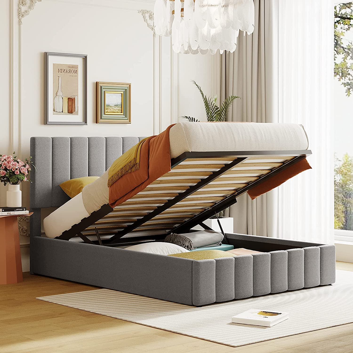 Full Size Upholstered Platform Bed with Gas Lift Hydraulic Storage System & Tufted Headboard - Modern Gray Wooden Bed Frame for Small Space Bedroom Organization | Perfect for Apartments, Guest Rooms & Studio Living