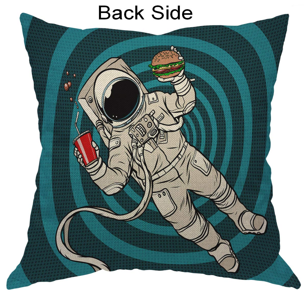 Astronaut Spiral Stripes with Cola & Hamburger Starship Throw Pillow Cover - 18x18 Inch Cotton Linen Square Cushion Case for Bedroom, Living Room, Space-Themed Decor