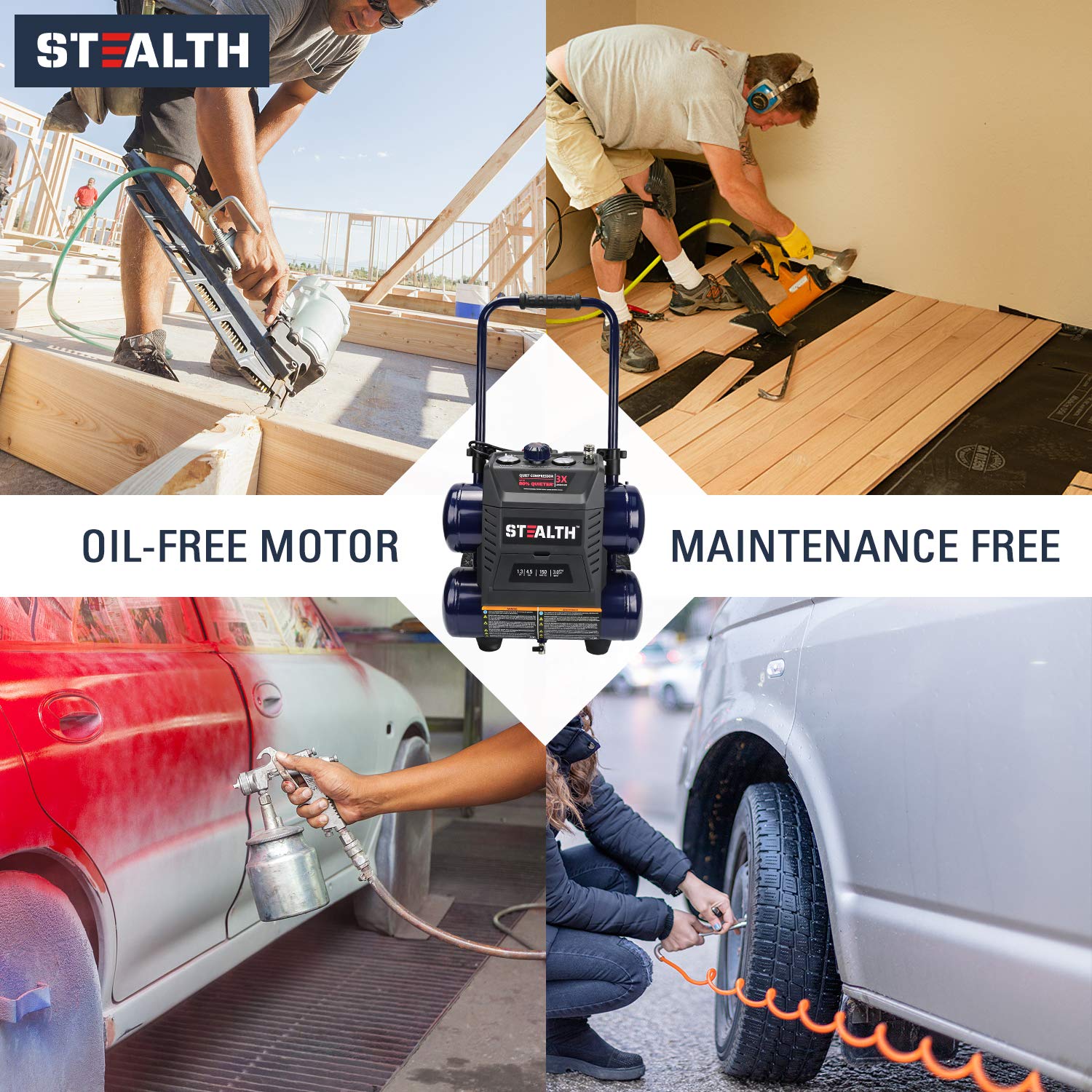 STEALTH Ultra Quiet Air Compressor - 64dB 4.5 Gallon 1.3HP Oil-Free Air Pump, 150 PSI Max, 3 CFM @ 90 PSI Portable Air Compressor with Wheels for Garage, Workshop, Construction Sites | Perfect for DIY Projects, Inflating Tires, and Powering Air Tools (Model SAQ-1413)