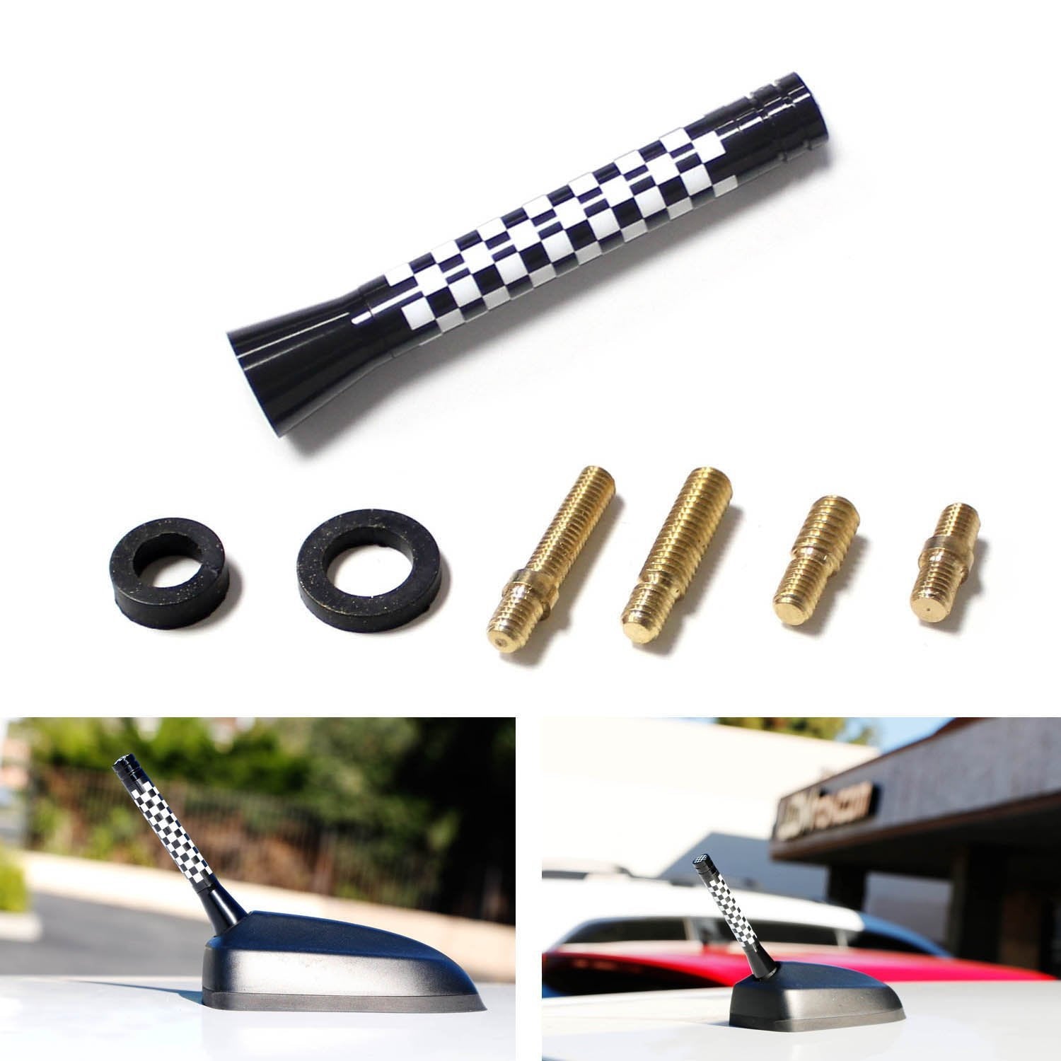 3 Pack Black & White Checkerboard Short Antenna for MINI Cooper - Classic Style Car Accessory for Enhanced Radio Reception & Custom Look