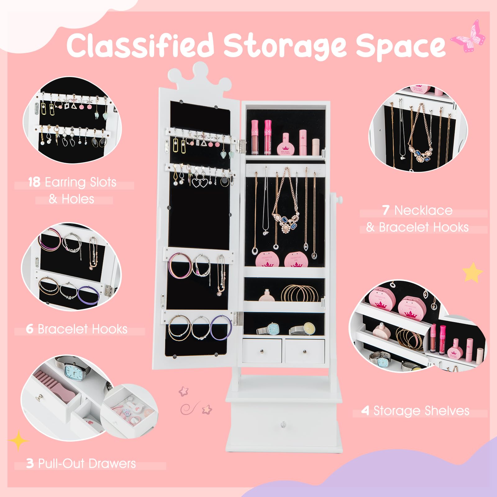 Costzon Kids Jewelry Armoire with Mirror & Drawers - White Vanity Organizer for Girls' Room