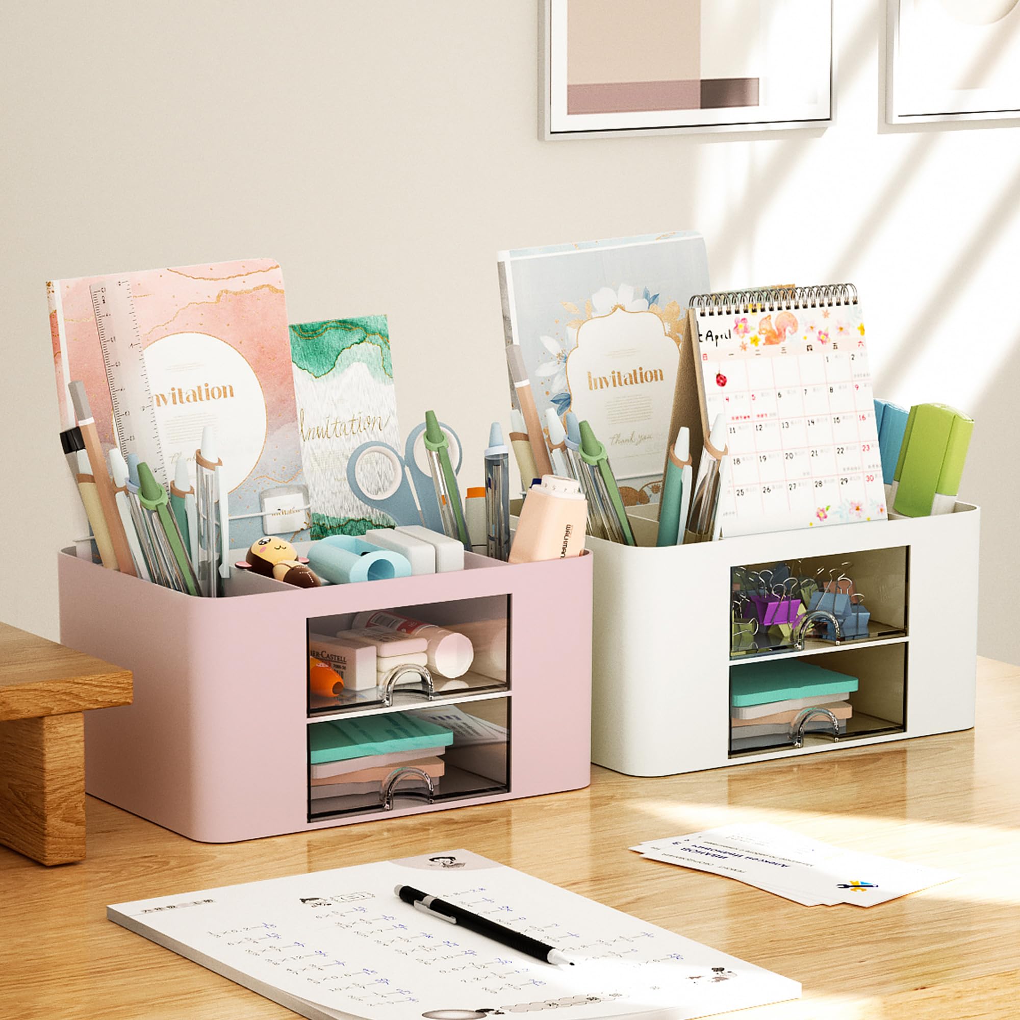 Marbrasse 2-Drawer Pen Organizer - Multi-Functional Desk Pencil Holder with 5 Compartments for Office & Art Supplies (Beige) - Perfect for Home Office, School & Craft Room Organization