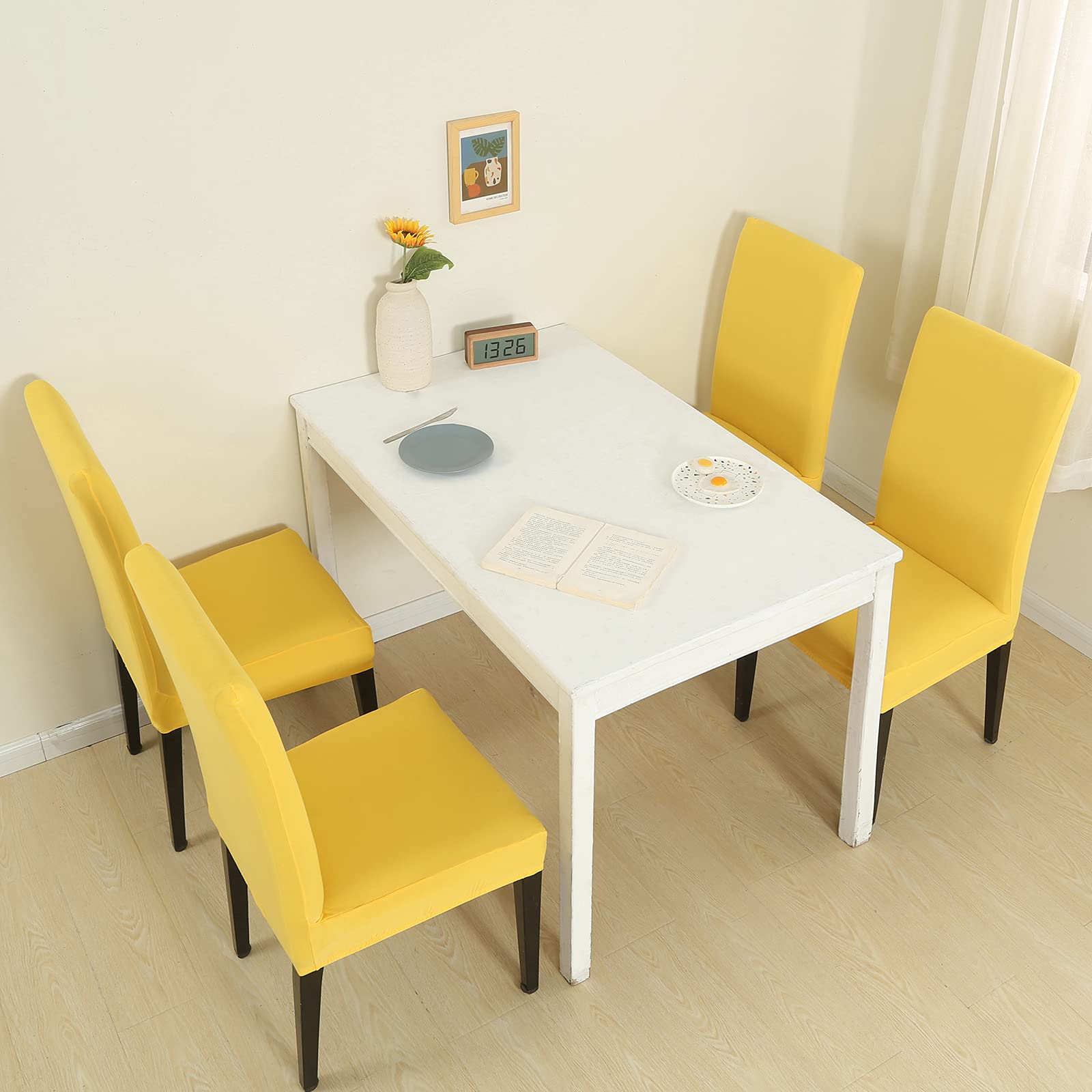 Chickwin 4 Pack Stretchable Washable Dining Chair Covers - Yellow Parsons Slipcovers for Kitchen & Dining Room Chairs, Set of 4 High Back Armless Chair Protectors | Perfect for Home, Restaurant, and Office Use