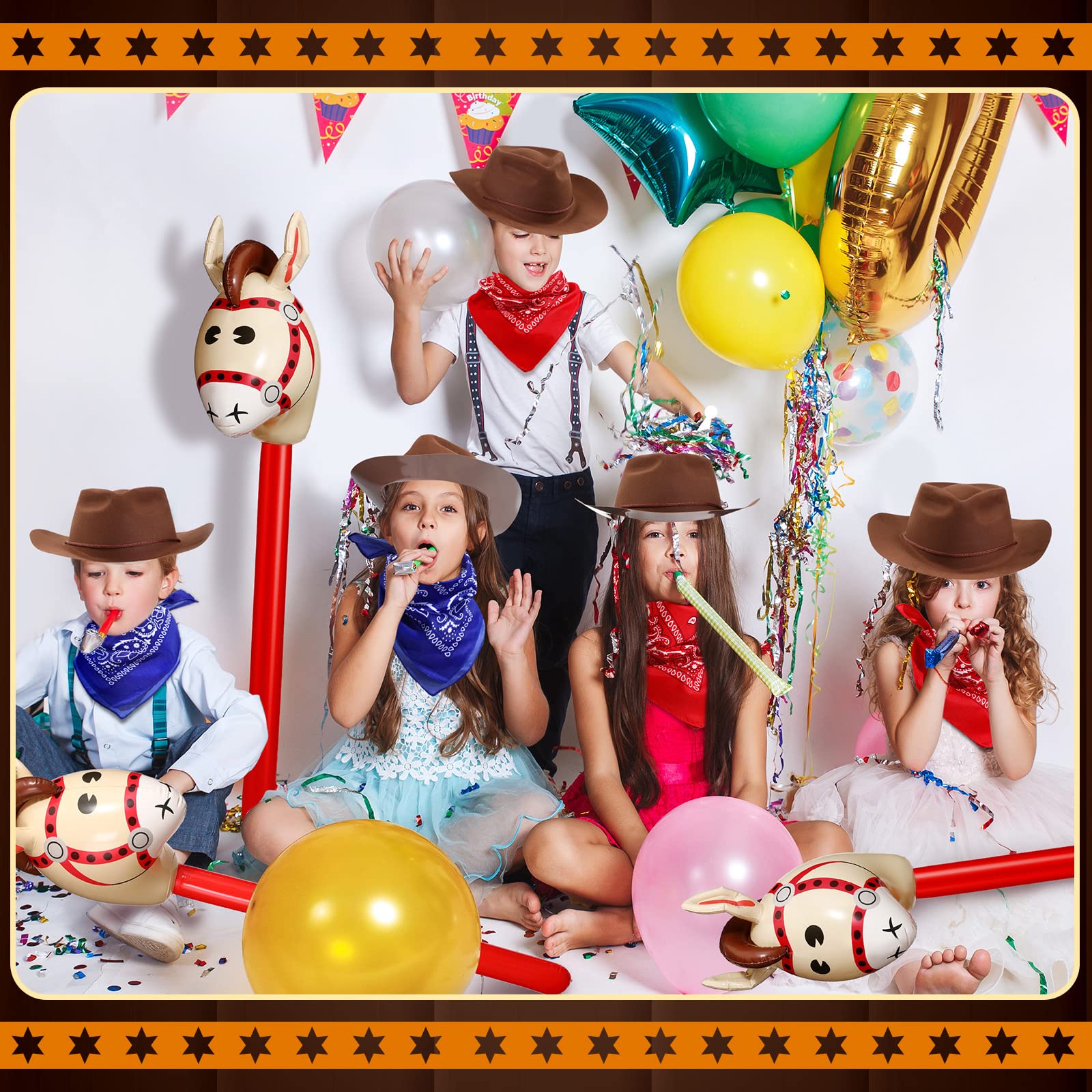 36 Pcs Cowboy Party Costume Set for Kids - Farm Cowboy Hats, Paisley Bandanas & Inflatable Stick Horses - Western Theme Birthday Party Supplies for Cowboy Costume Party, Wild West Rodeo, Halloween Dress Up