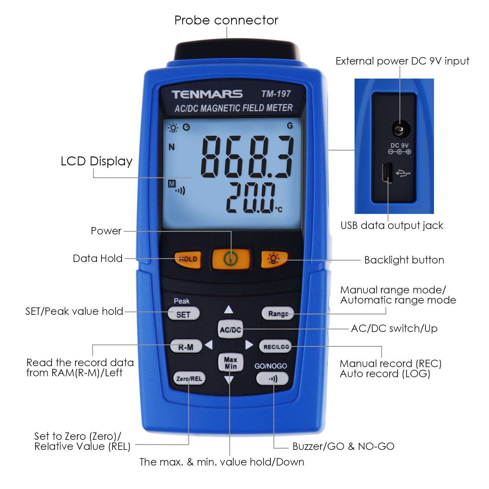 AC/DC Gaussmeter - Digital Magnetic Field Strength Meter with 3000mT (30000 Gauss) Range, N/S Polarity Detection & Auto/Manual Data Recording - Ideal for Industrial Testing, Laboratory Research and Permanent Magnet Analysis