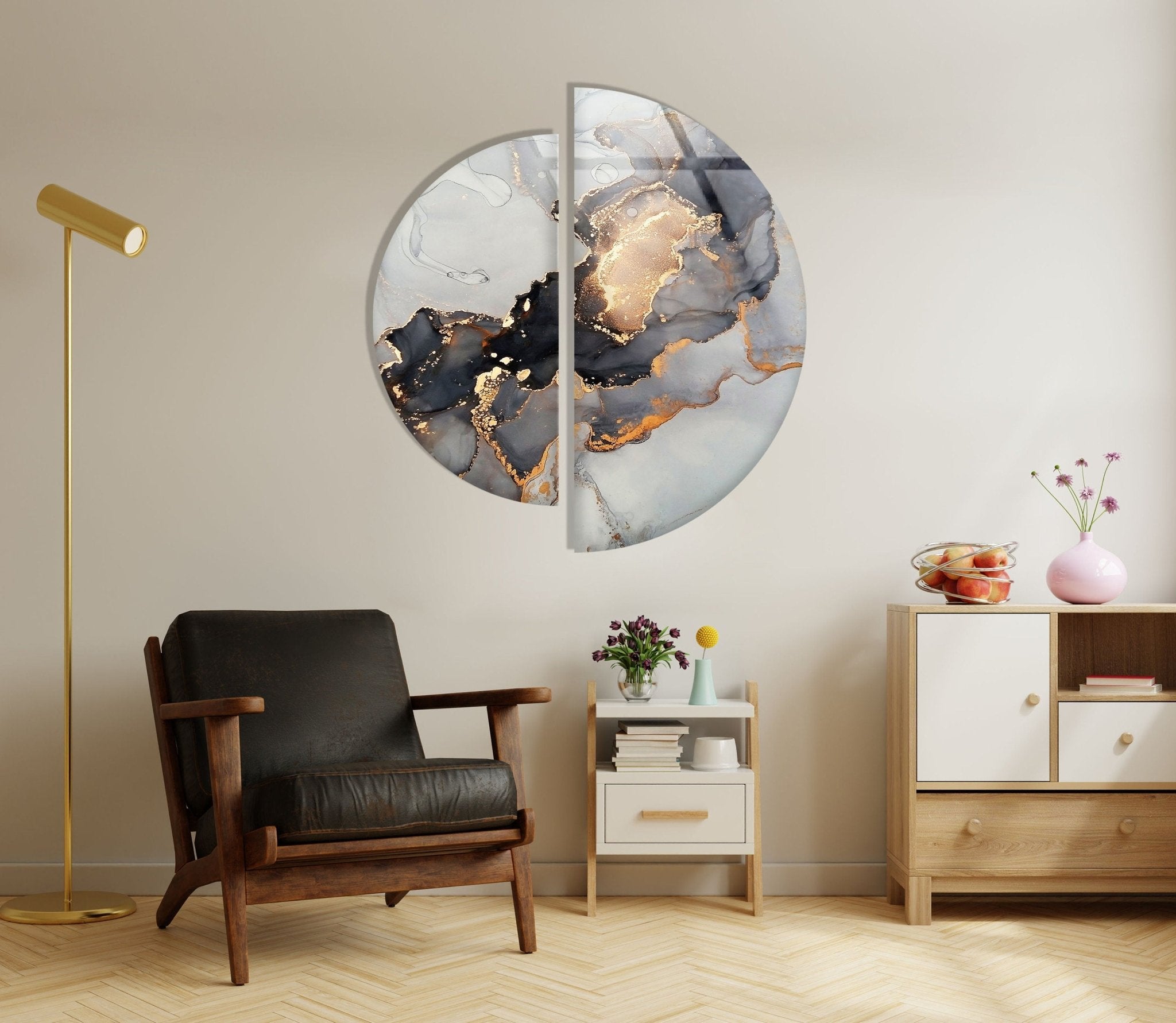 2 Piece Grey Golden Marble Glass Wall Art Set - Modern Abstract Home Decor for Living Room, Bedroom, Office - Shatterproof Tempered Glass Hanging Decor