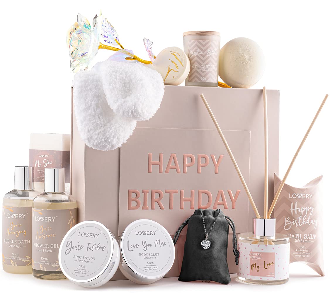 Luxury Birthday Spa Gift Box for Women - Vitamin E Bath Essentials, Aromatherapy Diffuser, Scented Candle & Sterling Silver CZ Heart Necklace - Perfect Birthday Gifts for Her, Mother's Day or Anniversary - Relaxing Self-Care & Pampering Gift Set