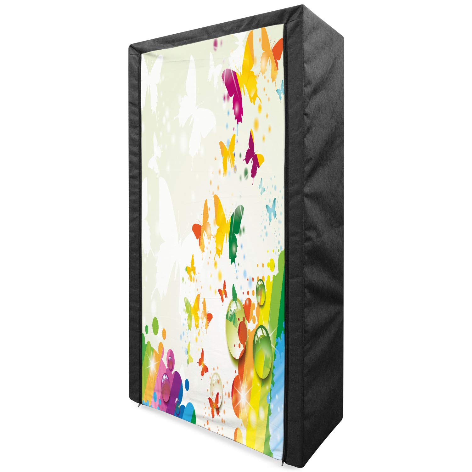Ambesonne Colorful Portable Fabric Wardrobe with Butterfly Silhouette Nature Print - 33.5 Inch Foldable Closet Organizer with Shelves for Bedroom, Dorm, or Travel Storage | Multicolor Clothing Storage Solution