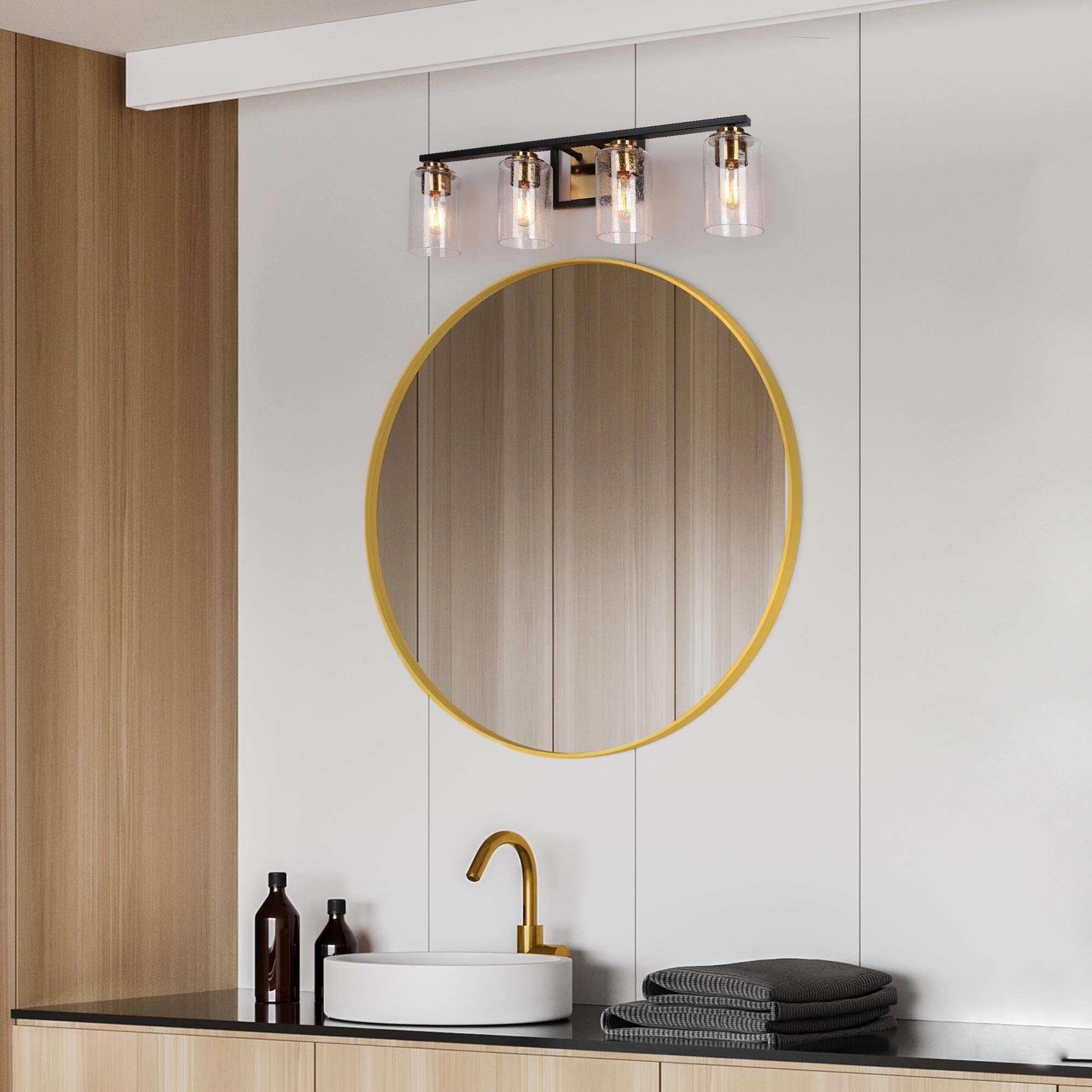 ZEVNI Modern Bathroom Vanity Light Fixture - 4-Light Black Gold Wall Sconce with Seeded Glass Shades for Mirror Lighting, 28
