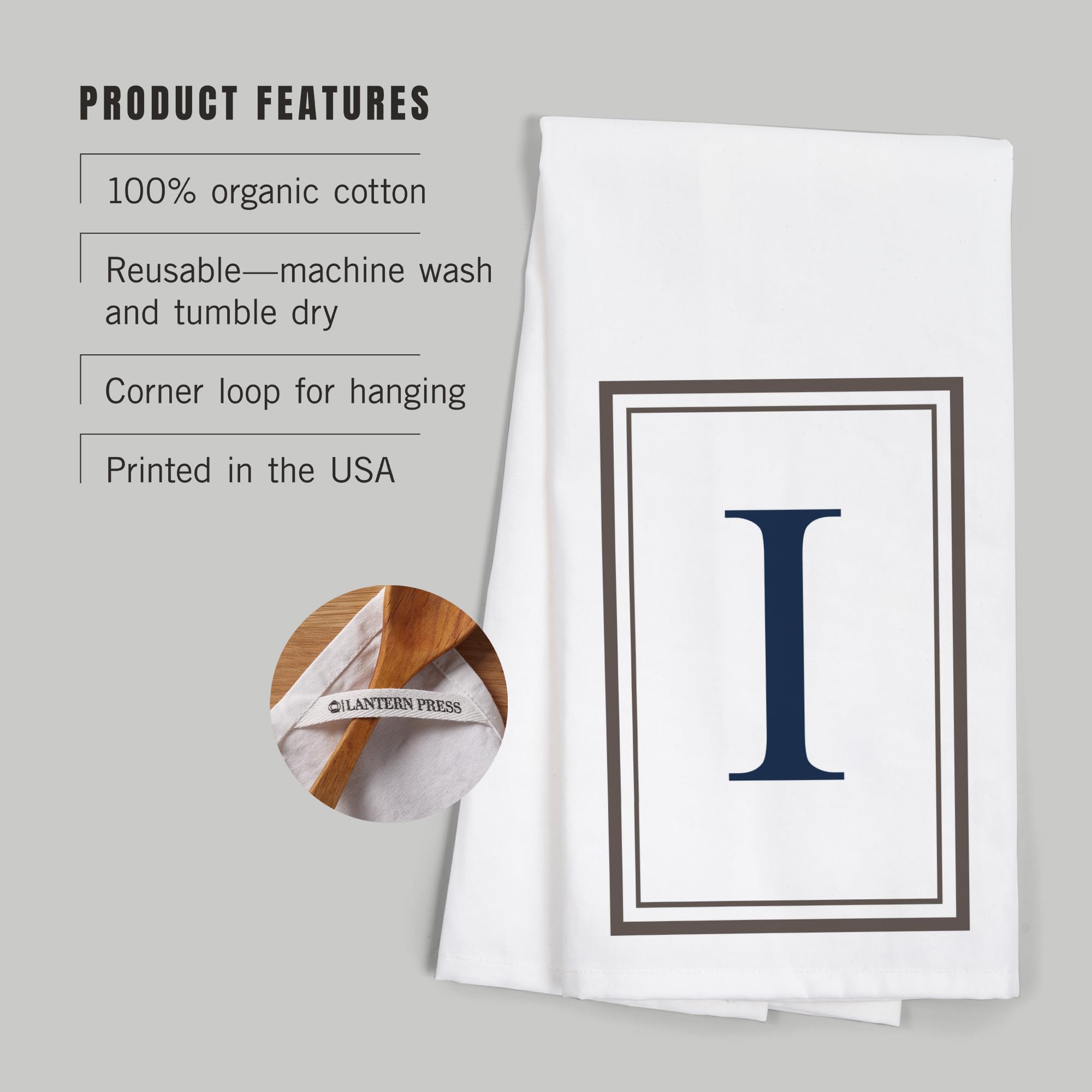 Lantern Press Monogram Cotton Tea Towel - Gray & Blue Decorative Hand Towel for Kitchen, Bathroom & Home Decor | Premium 100% Cotton Dish Towel for Drying Dishes, Gift Giving & Farmhouse Style