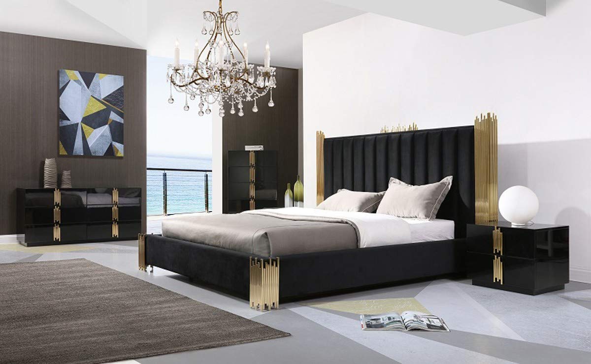 Amiral Collection Modern Velour Upholstered King Bed with Padded Headboard & Stainless Steel Legs - Black & Champagne Gold - Luxurious Bedroom Upgrade for Master Suite or Guest Room